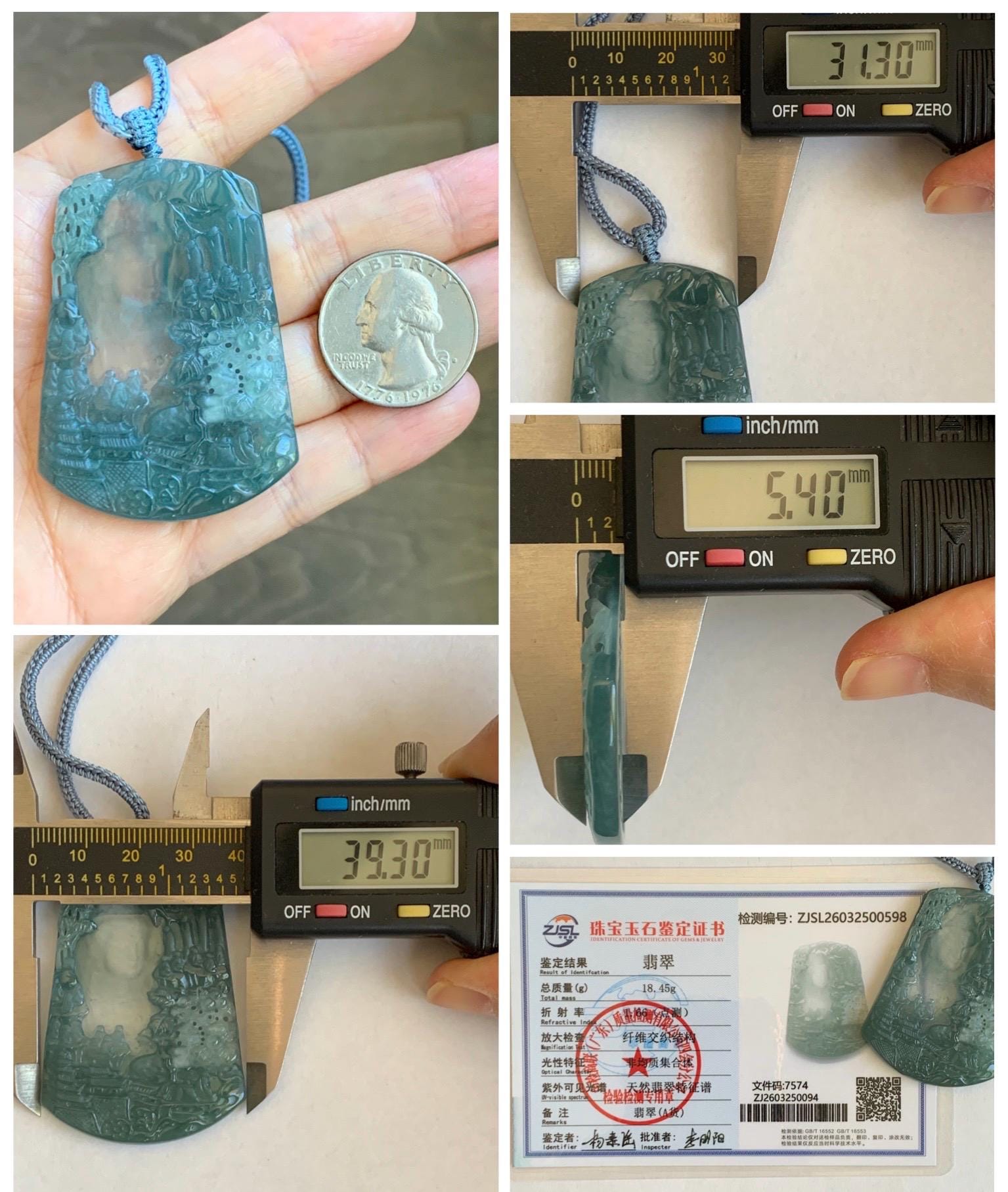 Certified Natural Grade A Guatemalan Icy Translucent Teal Blue Jade Jadeite Buddha Intaglio Carved Pendant Rope Necklace 天然冰危蓝翡翠万佛朝拜阴雕吊坠 598