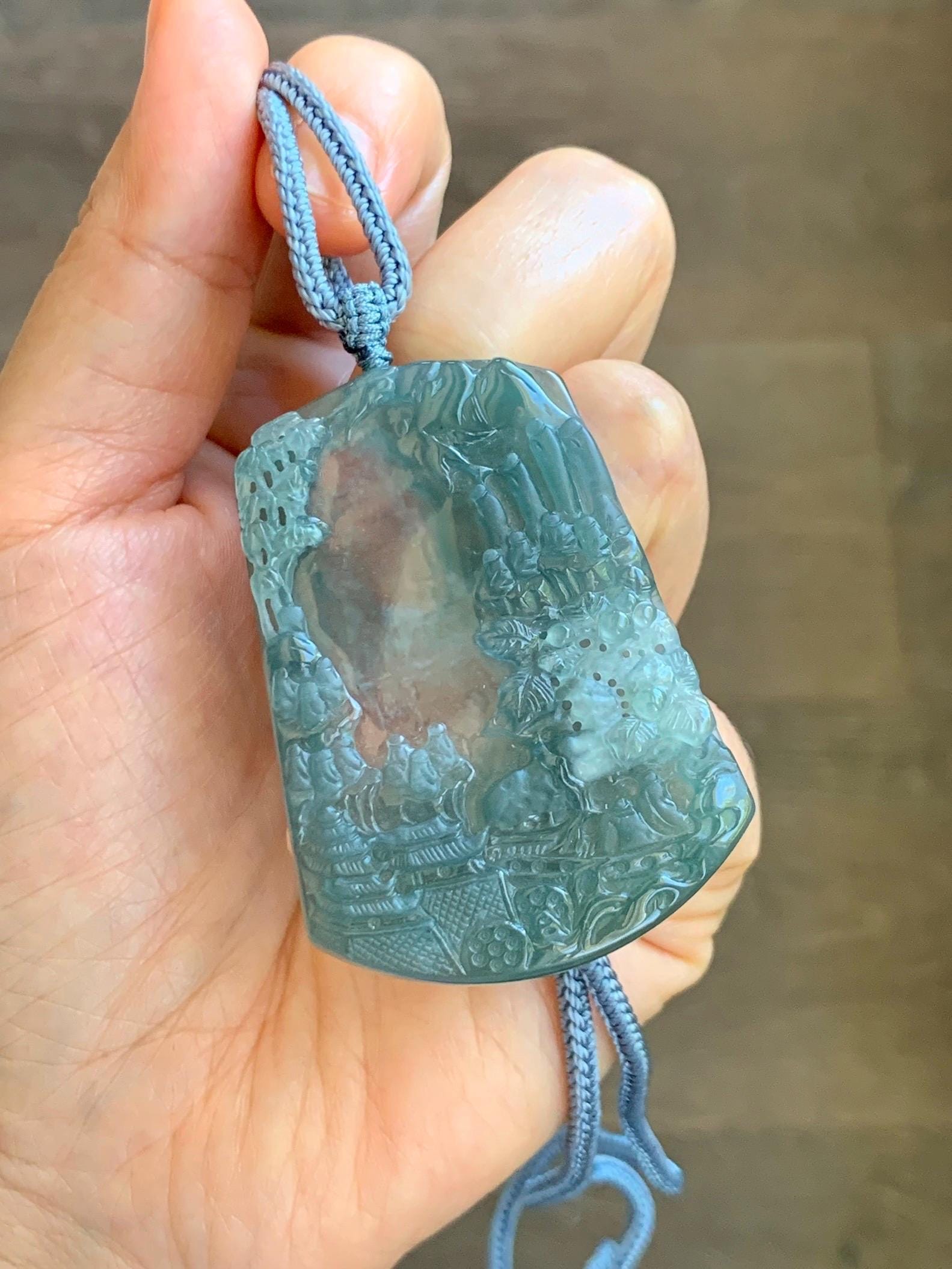 Certified Natural Grade A Guatemalan Icy Translucent Teal Blue Jade Jadeite Buddha Intaglio Carved Pendant Rope Necklace 天然冰危蓝翡翠万佛朝拜阴雕吊坠 598