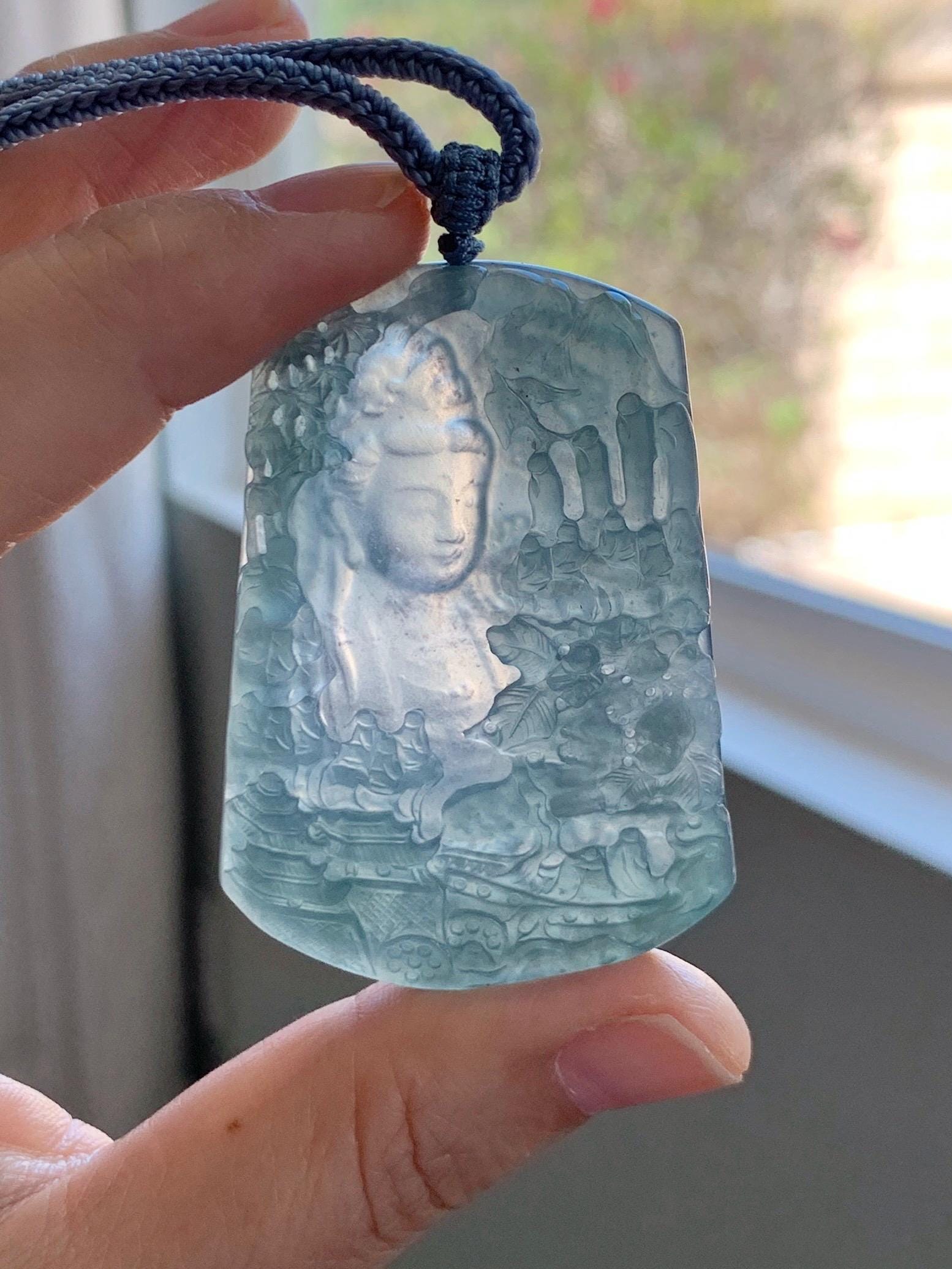 Certified Natural Grade A Guatemalan Icy Translucent Teal Blue Jade Jadeite Buddha Intaglio Carved Pendant Rope Necklace 天然冰危蓝翡翠万佛朝拜阴雕吊坠 598