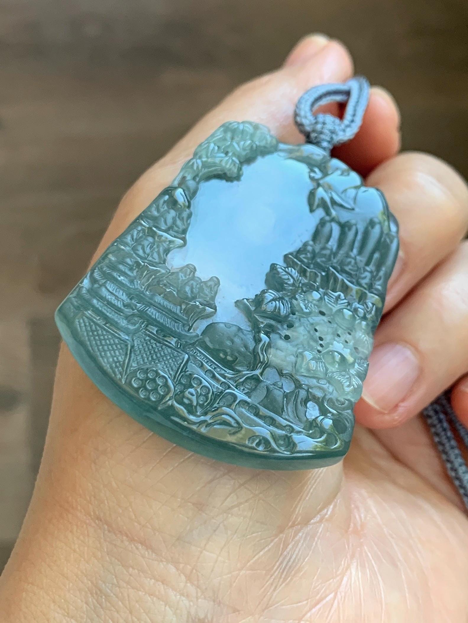 Certified Natural Grade A Guatemalan Icy Translucent Teal Blue Jade Jadeite Buddha Intaglio Carved Pendant Rope Necklace 天然冰危蓝翡翠万佛朝拜阴雕吊坠 598