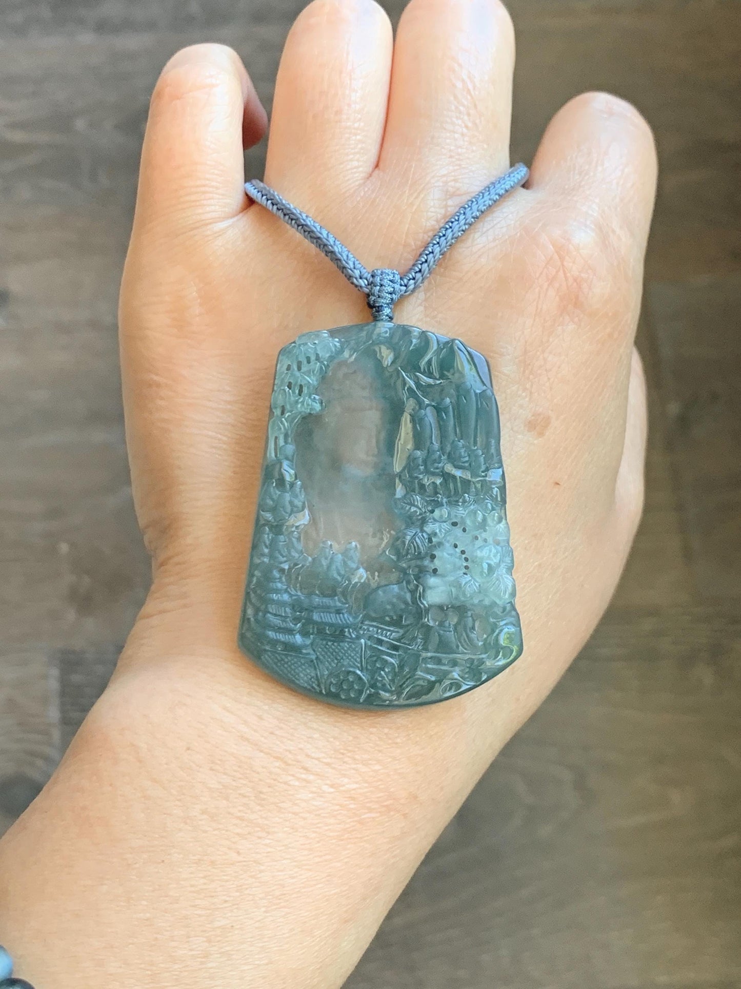 Certified Natural Grade A Guatemalan Icy Translucent Teal Blue Jade Jadeite Buddha Intaglio Carved Pendant Rope Necklace 天然冰危蓝翡翠万佛朝拜阴雕吊坠 598