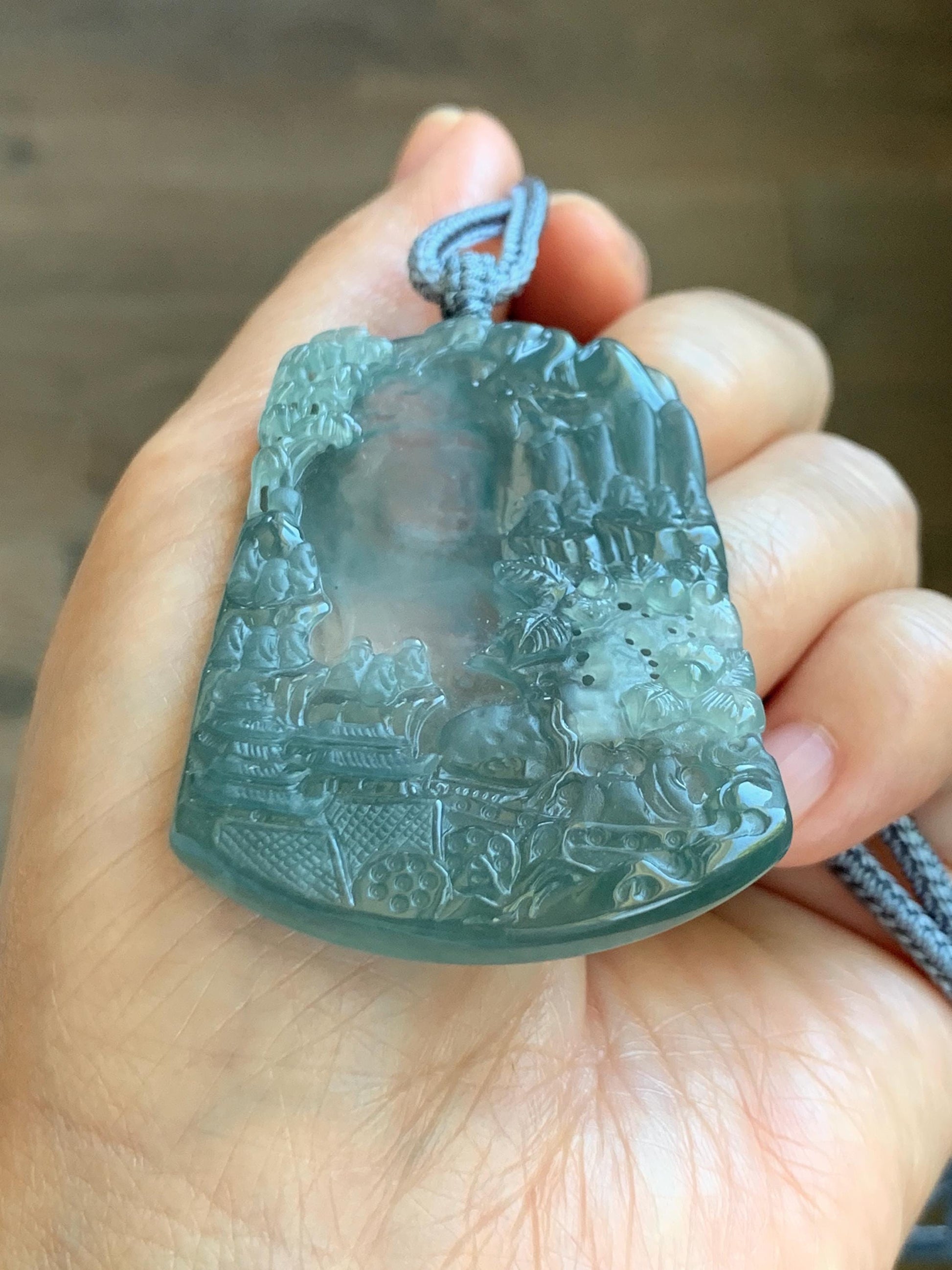 Certified Natural Grade A Guatemalan Icy Translucent Teal Blue Jade Jadeite Buddha Intaglio Carved Pendant Rope Necklace 天然冰危蓝翡翠万佛朝拜阴雕吊坠 598