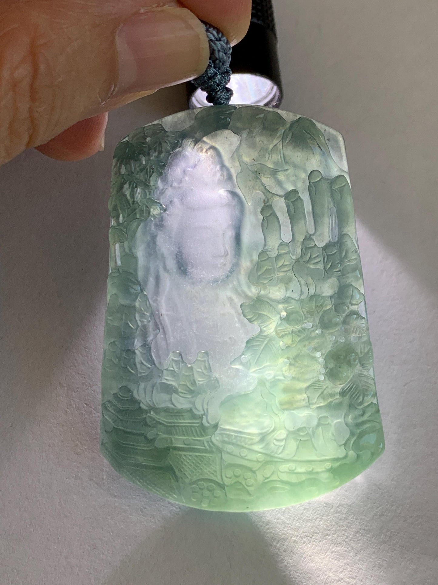 Certified Natural Grade A Guatemalan Icy Translucent Teal Blue Jade Jadeite Buddha Intaglio Carved Pendant Rope Necklace 天然冰危蓝翡翠万佛朝拜阴雕吊坠 598