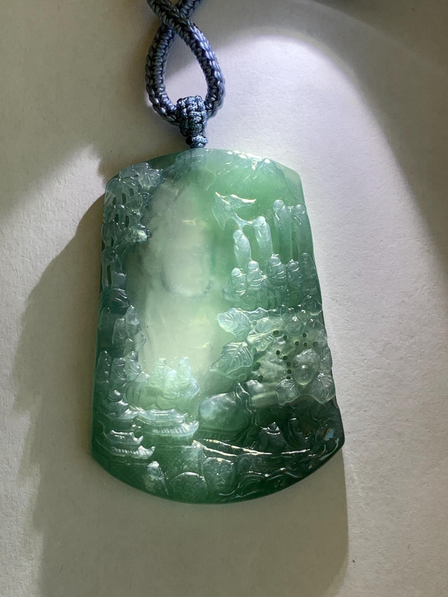 Certified Natural Grade A Guatemalan Icy Translucent Teal Blue Jade Jadeite Buddha Intaglio Carved Pendant Rope Necklace 天然冰危蓝翡翠万佛朝拜阴雕吊坠 598