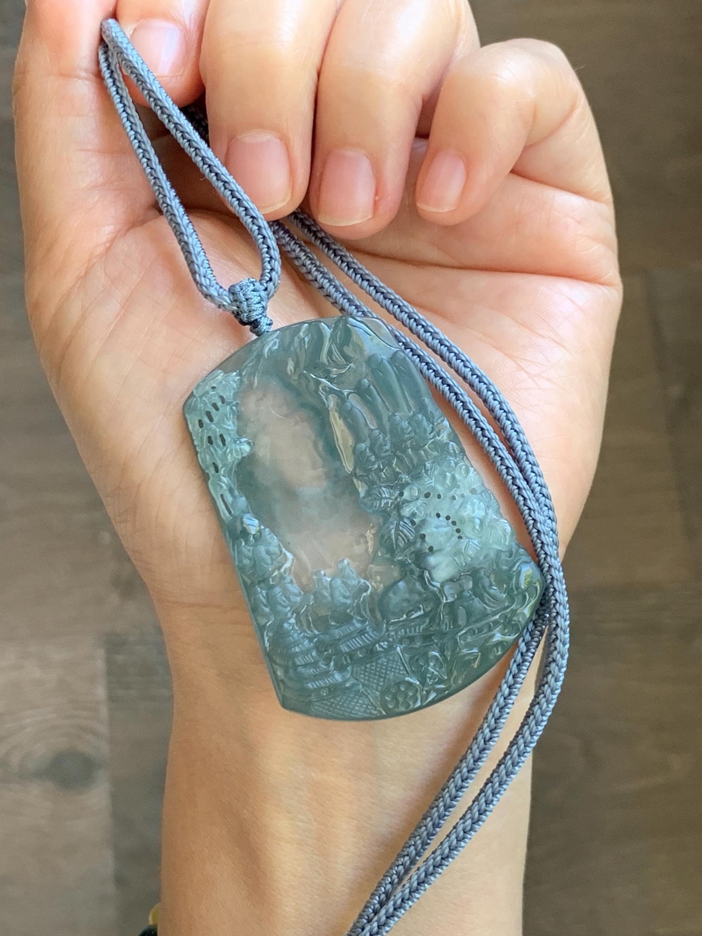 Certified Natural Grade A Guatemalan Icy Translucent Teal Blue Jade Jadeite Buddha Intaglio Carved Pendant Rope Necklace 天然冰危蓝翡翠万佛朝拜阴雕吊坠 598