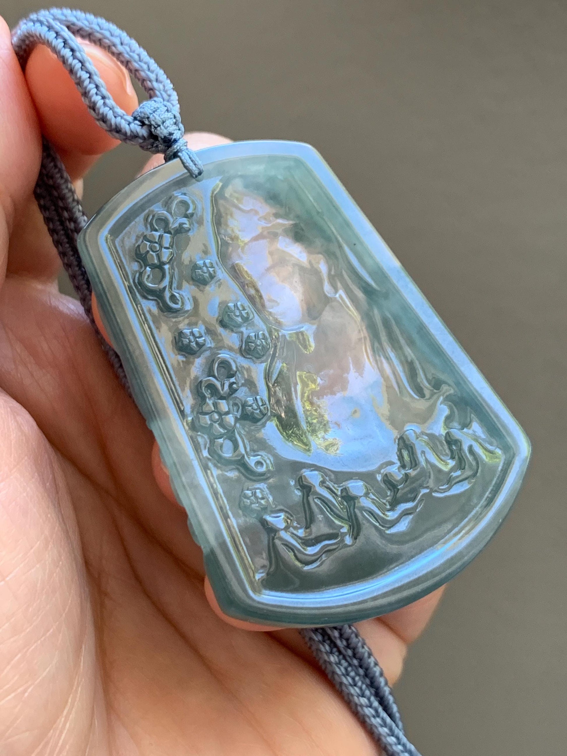 Certified Natural Grade A Guatemalan Icy Translucent Teal Blue Jade Jadeite Buddha Intaglio Carved Pendant Rope Necklace 天然冰危蓝翡翠万佛朝拜阴雕吊坠 598