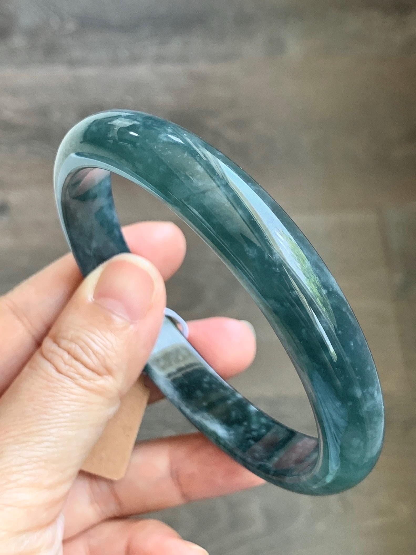 Certified Natural Grade A Guatemalan Icy Translucent Dark Teal Blue Jade Jadeite Wide Bangle Bracelet 68.26mm 8.43" 59g 天然冰危深蓝翡翠正圈手镯 1198