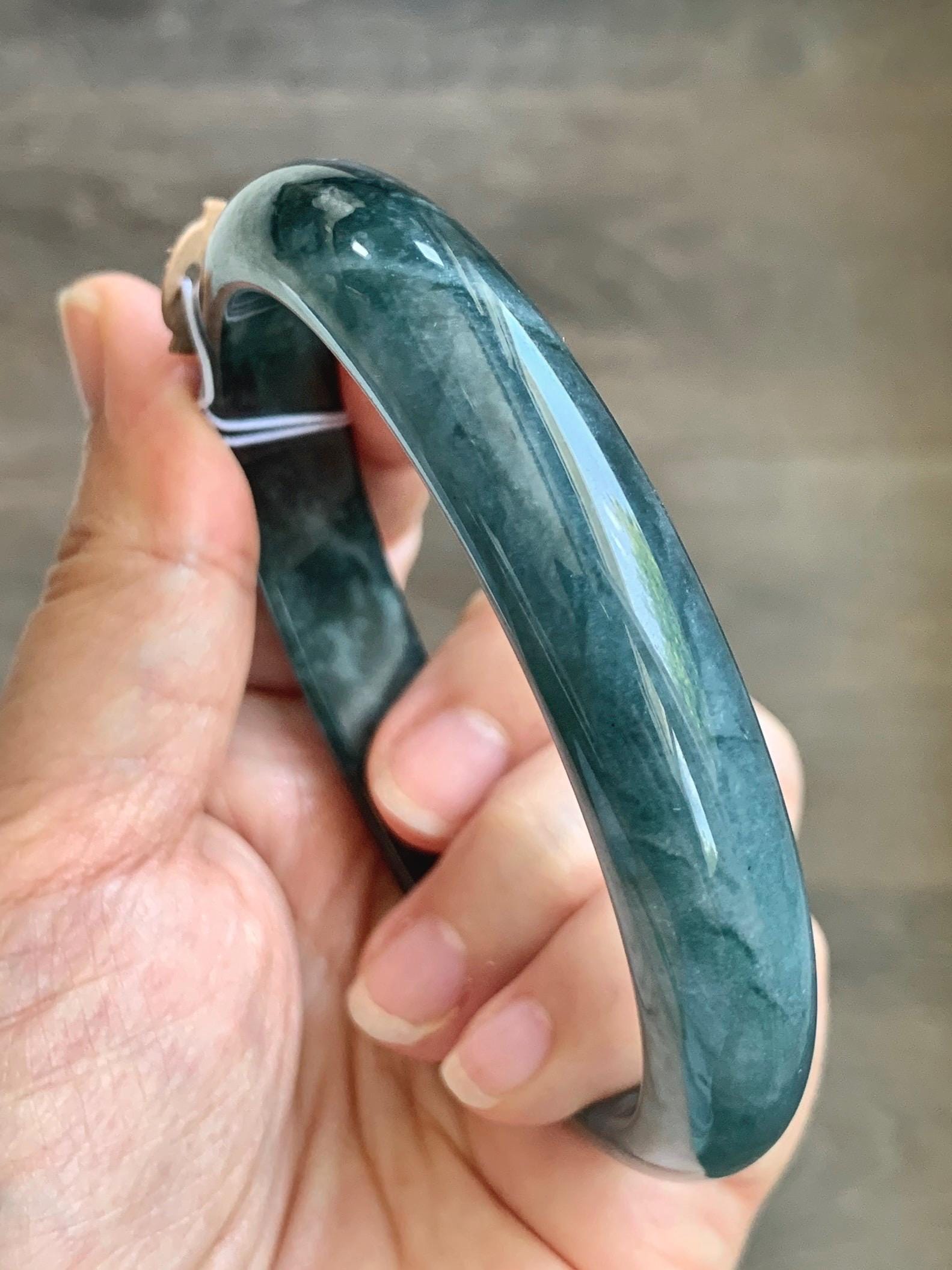 Certified Natural Grade A Guatemalan Icy Translucent Dark Teal Blue Jade Jadeite Wide Bangle Bracelet 68.26mm 8.43" 59g 天然冰危深蓝翡翠正圈手镯 1198