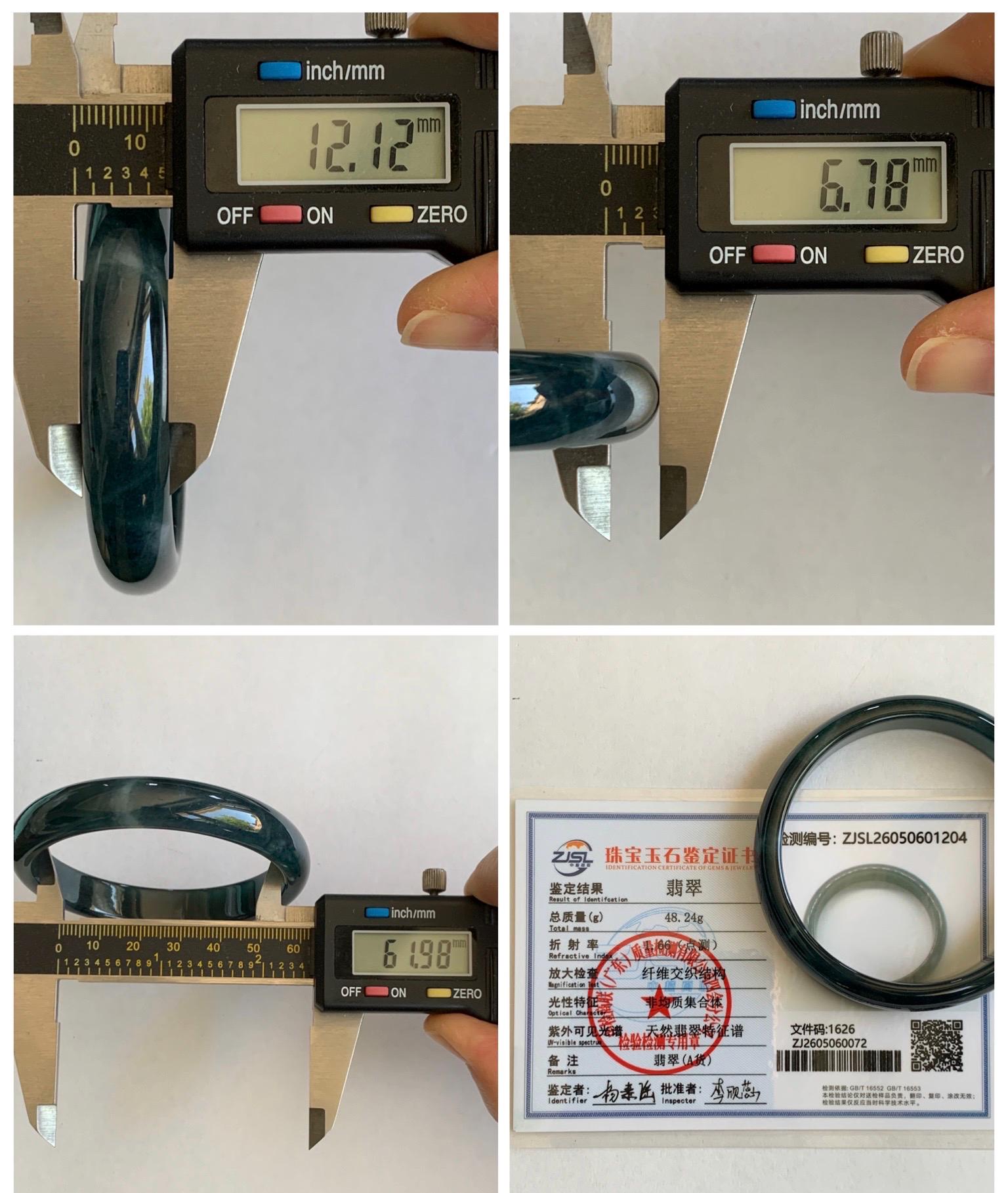 Certified Natural Grade A Guatemalan Icy Translucent Dark Aegean Blue Jade Jadeite Wide Bangle Bracelet 61.98mm 7.66" 天然冰危深牛仔蓝翡翠正圈手镯 1204