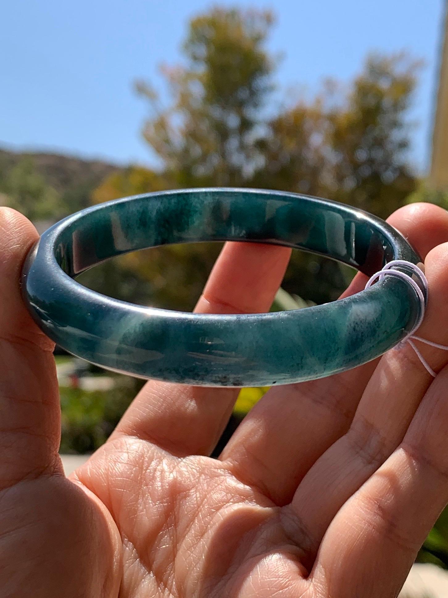 Certified Natural Grade A Guatemalan Icy Translucent Dark Aegean Blue Jade Jadeite Wide Bangle Bracelet 61.98mm 7.66" 天然冰危深牛仔蓝翡翠正圈手镯 1204