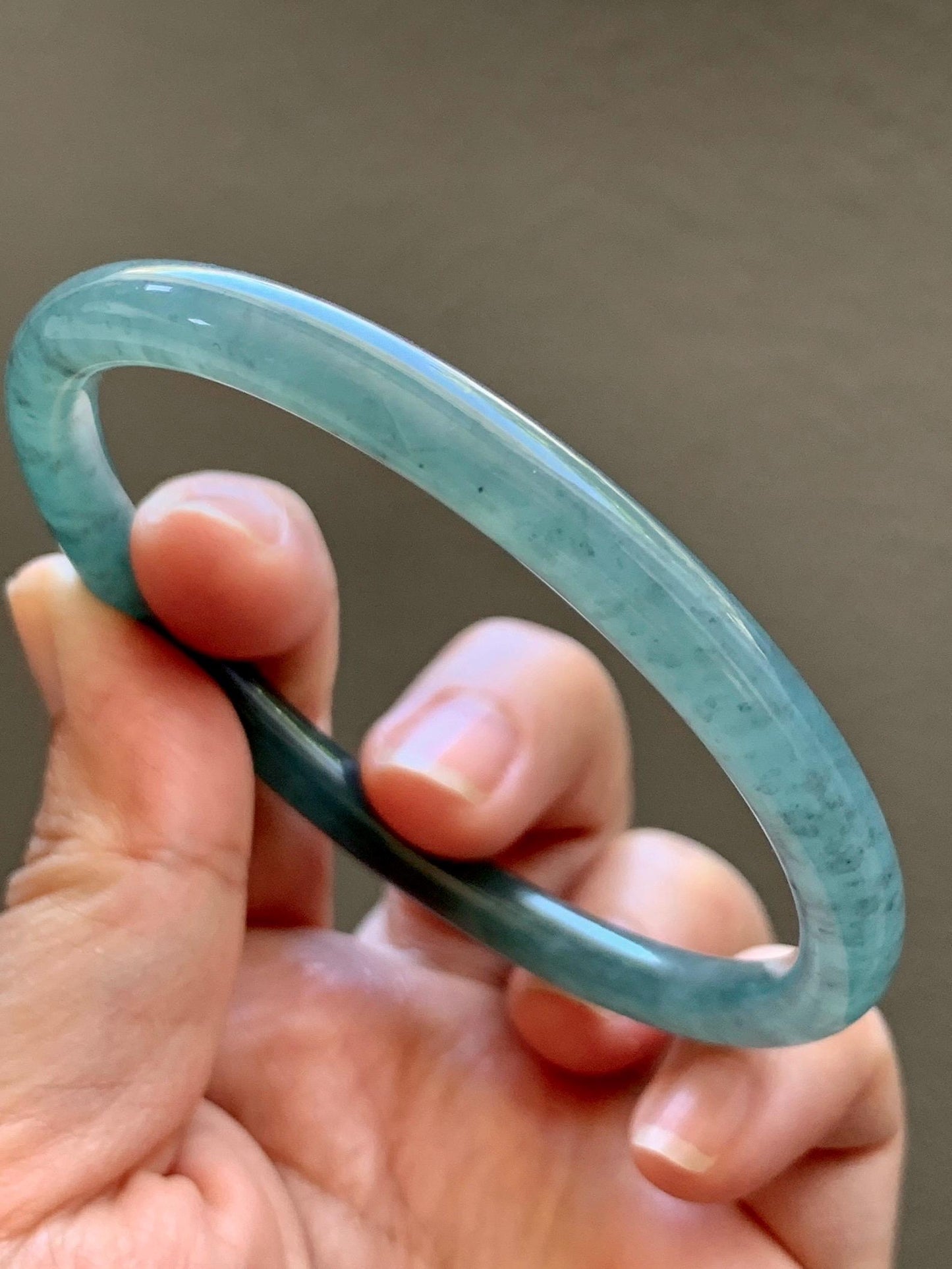 Certified Natural Grade A Guatemalan Icy Translucent Dusty Teal Green Jade Jadeite Slim Bangle 62.09mm 7.67” 23g 天然冰胶危蓝绿翡翠细圆条手镯 1172
