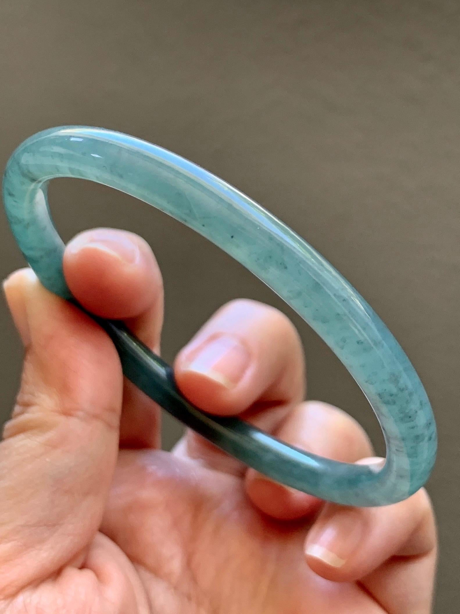 Certified Natural Grade A Guatemalan Icy Translucent Dusty Teal Green Jade Jadeite Slim Bangle 62.09mm 7.67” 23g 天然冰胶危蓝绿翡翠细圆条手镯 1172