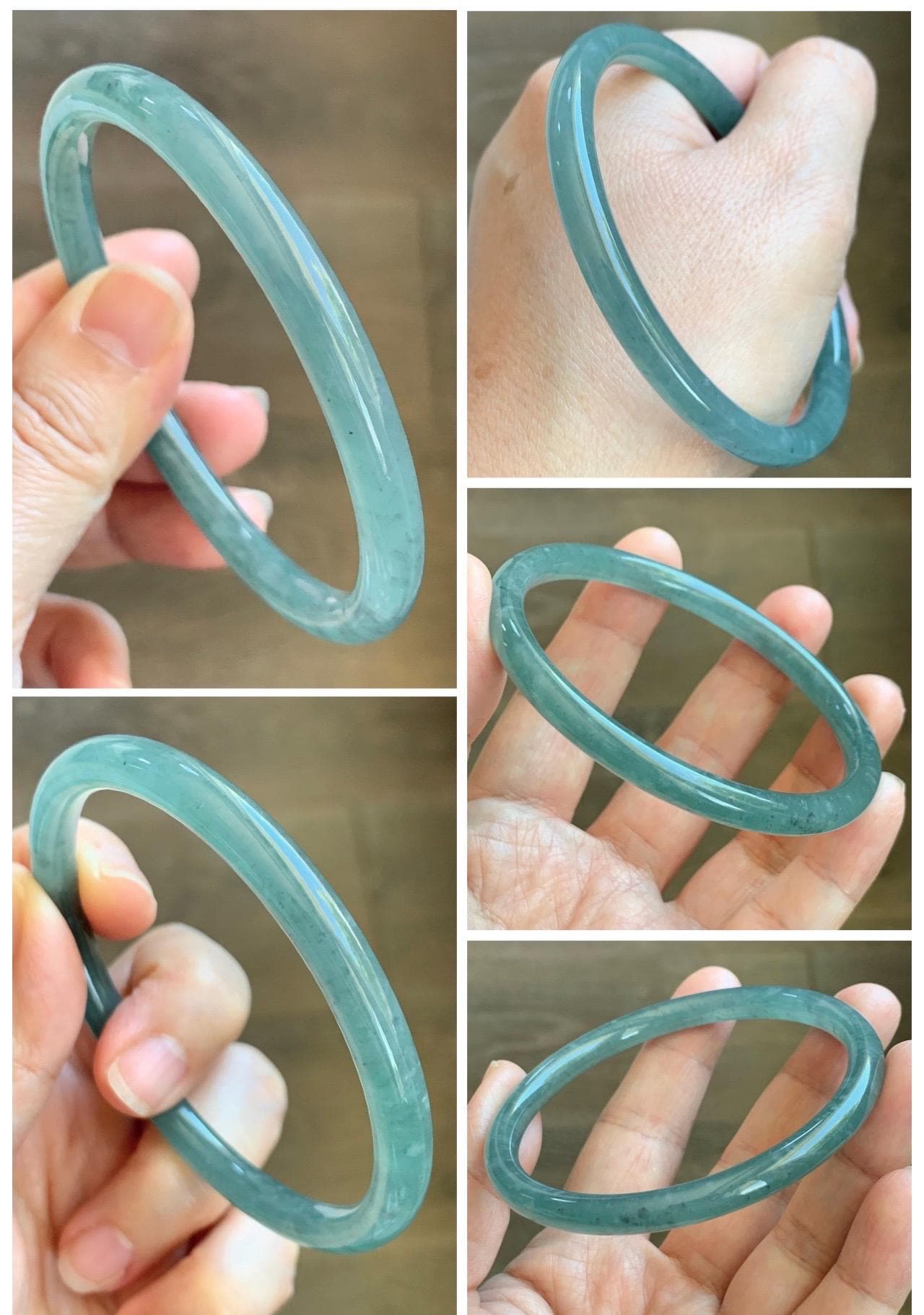 Certified Natural Grade A Guatemalan Icy Translucent Dusty Teal Green Jade Jadeite Slim Bangle 62.09mm 7.67” 23g 天然冰胶危蓝绿翡翠细圆条手镯 1172