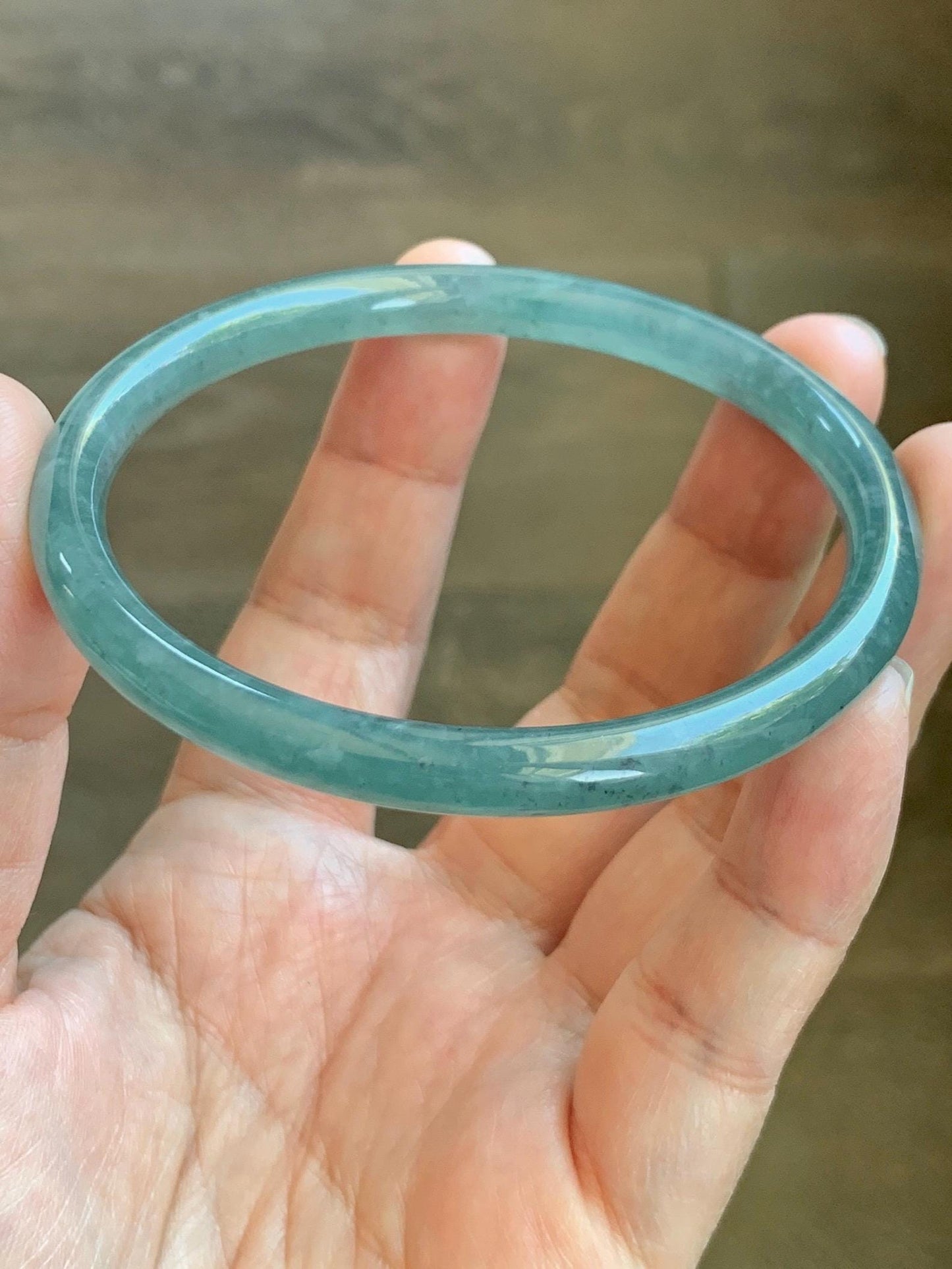 Certified Natural Grade A Guatemalan Icy Translucent Dusty Teal Green Jade Jadeite Slim Bangle 62.09mm 7.67” 23g 天然冰胶危蓝绿翡翠细圆条手镯 1172