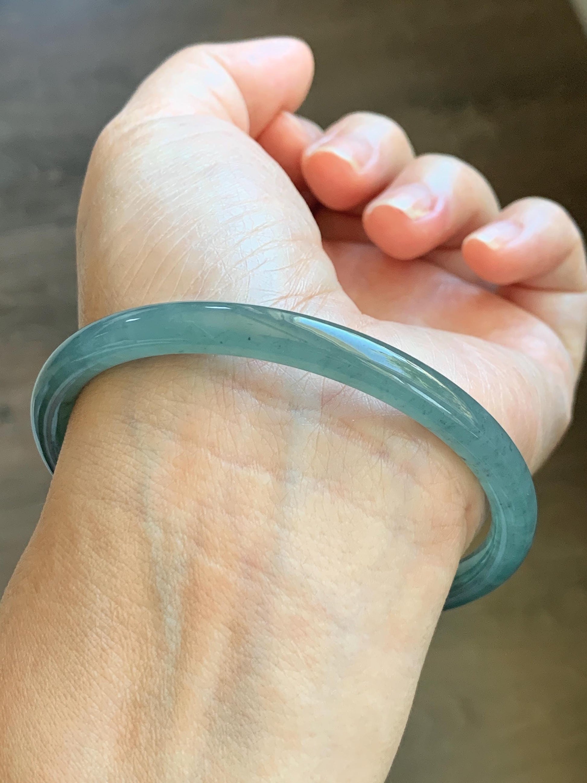 Certified Natural Grade A Guatemalan Icy Translucent Dusty Teal Green Jade Jadeite Slim Bangle 62.09mm 7.67” 23g 天然冰胶危蓝绿翡翠细圆条手镯 1172