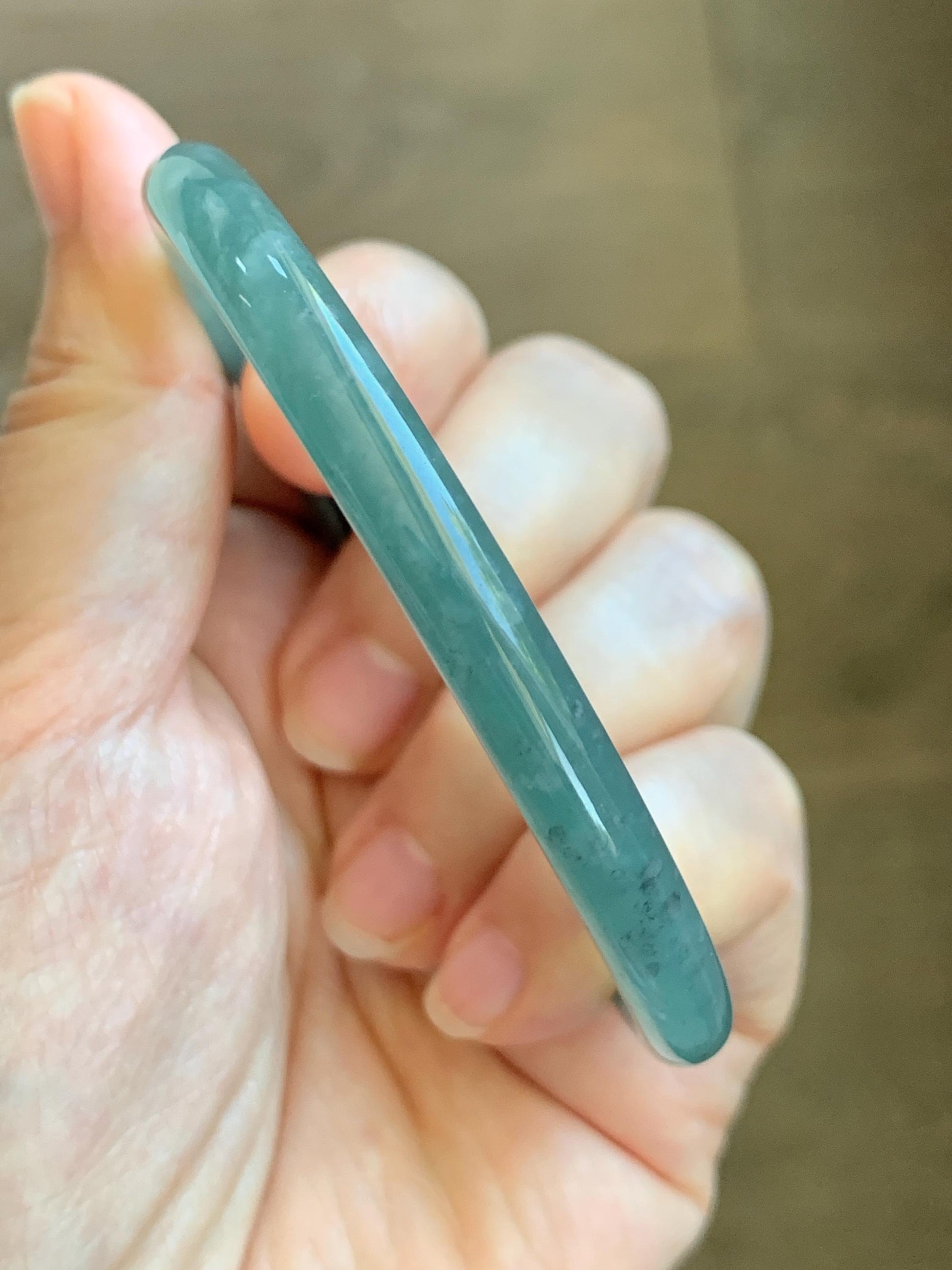 Certified Natural Grade A Guatemalan Icy Translucent Dusty Teal Green Jade Jadeite Slim Bangle 62.09mm 7.67” 23g 天然冰胶危蓝绿翡翠细圆条手镯 1172