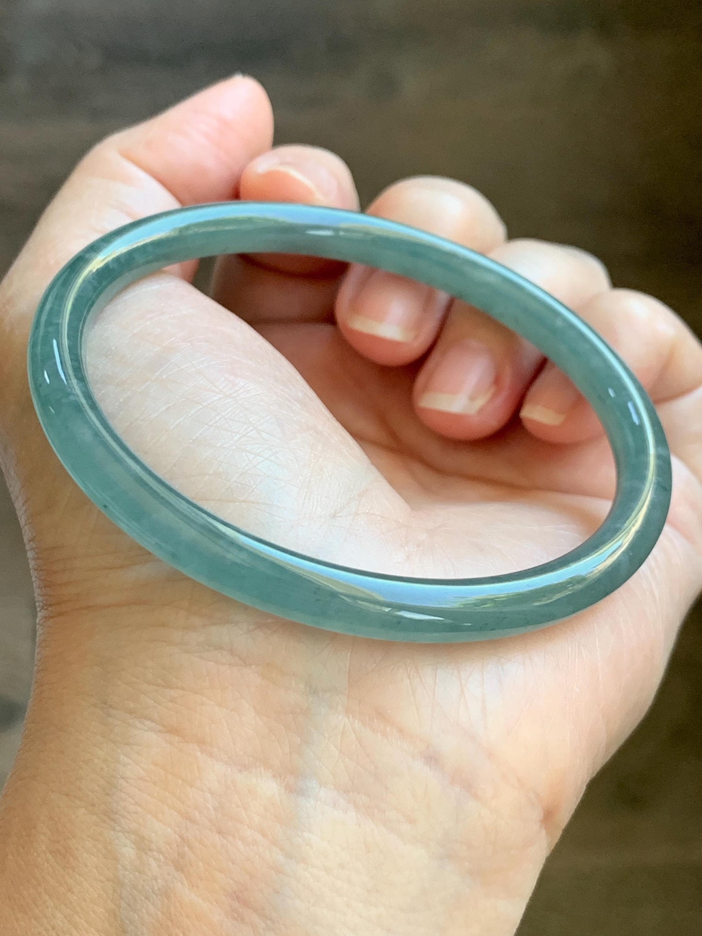 Certified Natural Grade A Guatemalan Icy Translucent Dusty Teal Green Jade Jadeite Slim Bangle 62.09mm 7.67” 23g 天然冰胶危蓝绿翡翠细圆条手镯 1172