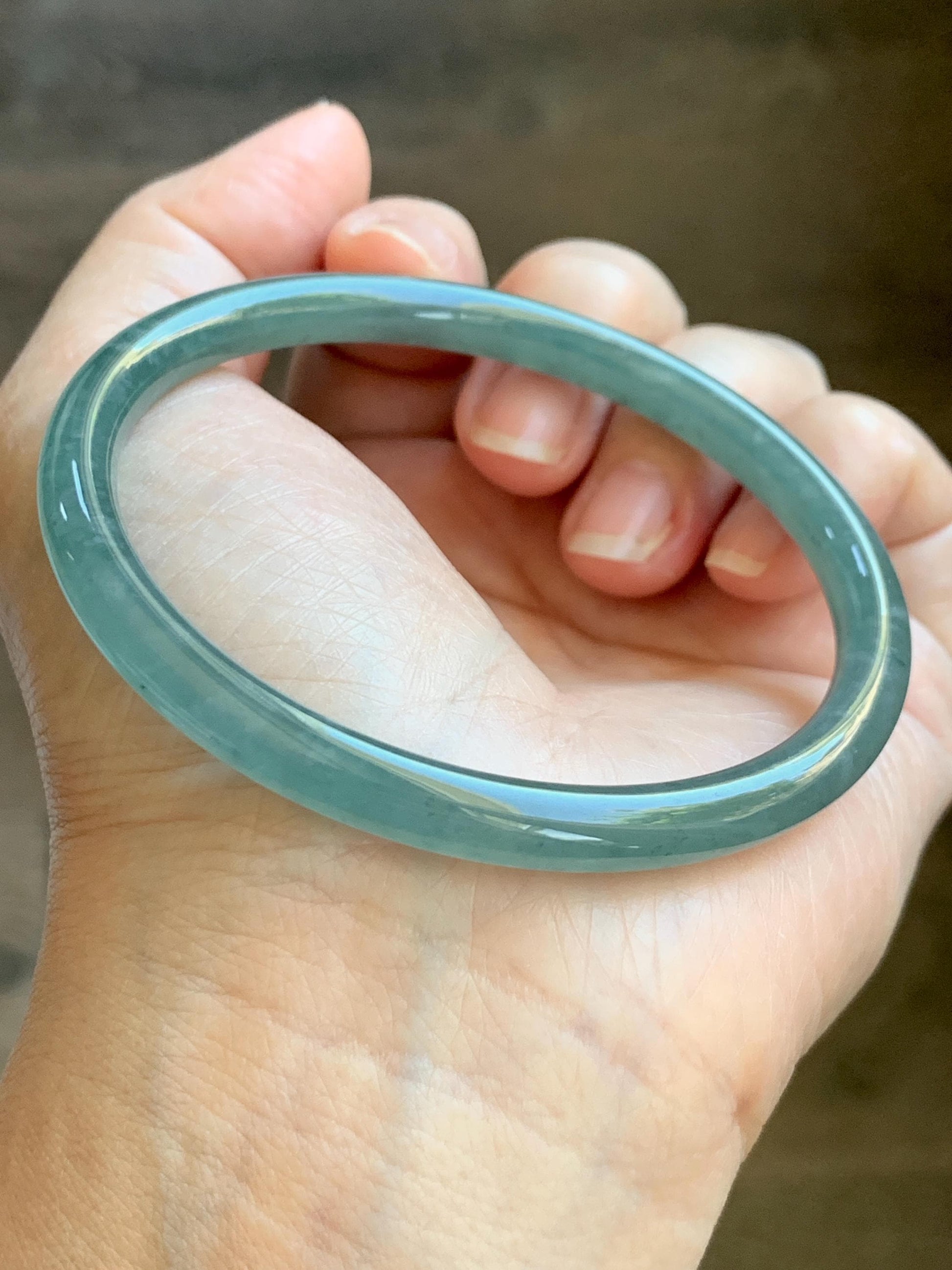 Certified Natural Grade A Guatemalan Icy Translucent Dusty Teal Green Jade Jadeite Slim Bangle 62.09mm 7.67” 23g 天然冰胶危蓝绿翡翠细圆条手镯 1172