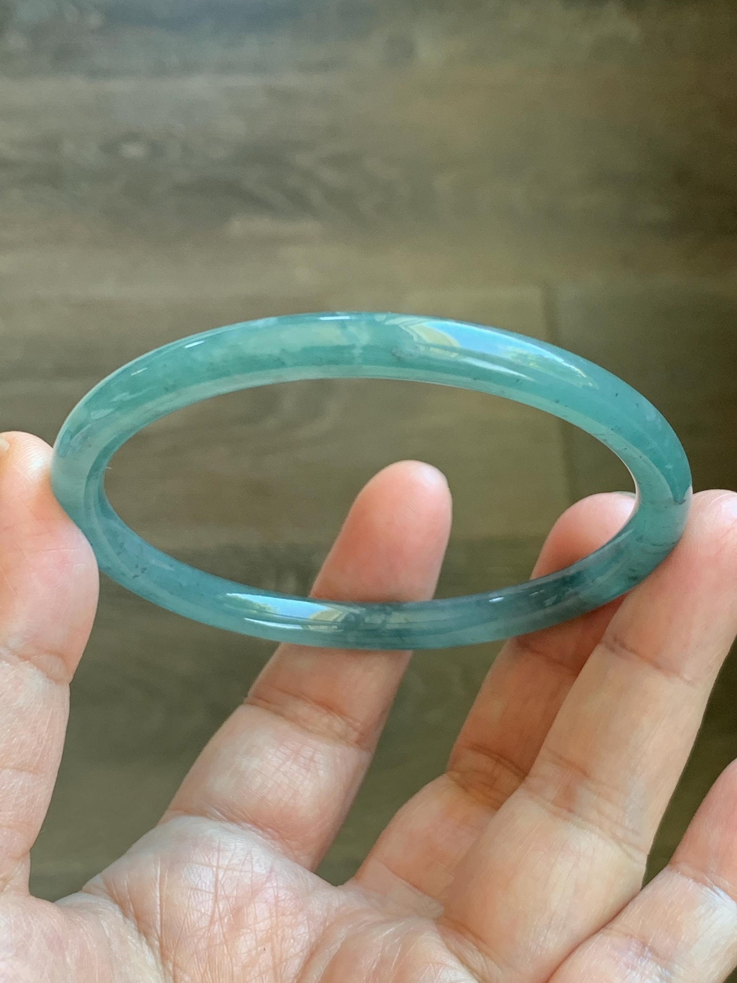 Certified Natural Grade A Guatemalan Icy Translucent Dusty Teal Green Jade Jadeite Slim Bangle 62.09mm 7.67” 23g 天然冰胶危蓝绿翡翠细圆条手镯 1172