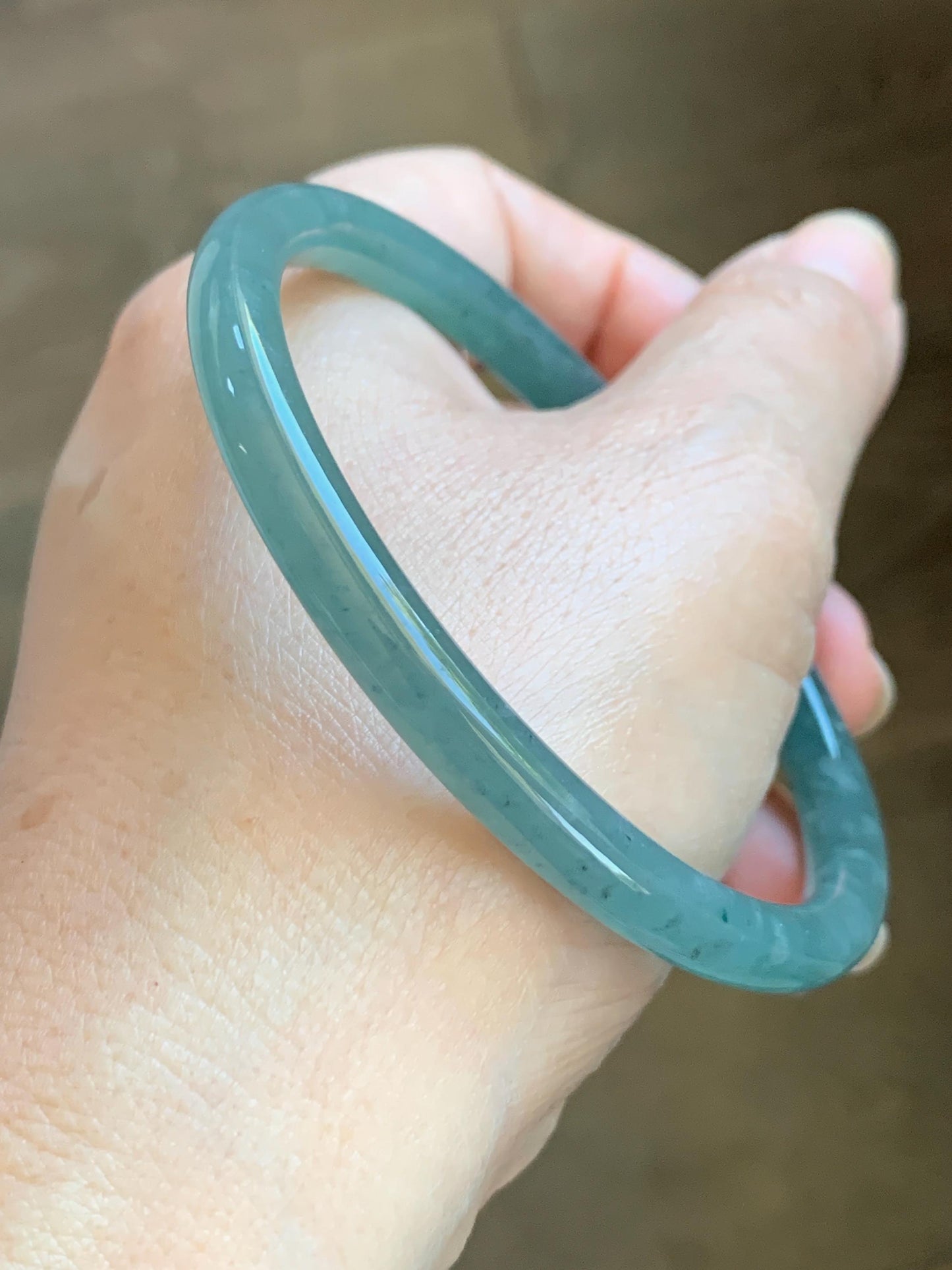 Certified Natural Grade A Guatemalan Icy Translucent Dusty Teal Green Jade Jadeite Slim Bangle 62.09mm 7.67” 23g 天然冰胶危蓝绿翡翠细圆条手镯 1172