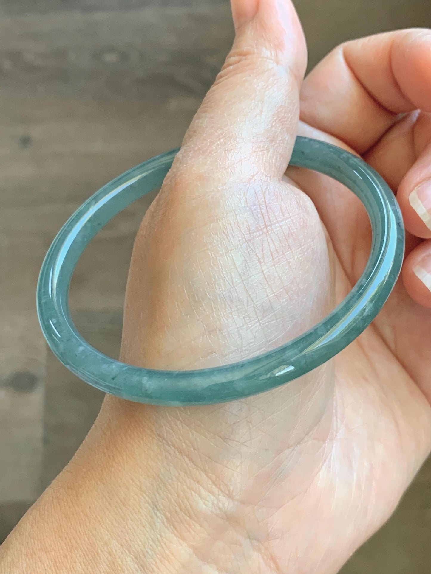 Certified Natural Grade A Guatemalan Icy Translucent Dusty Teal Green Jade Jadeite Slim Bangle 62.09mm 7.67” 23g 天然冰胶危蓝绿翡翠细圆条手镯 1172