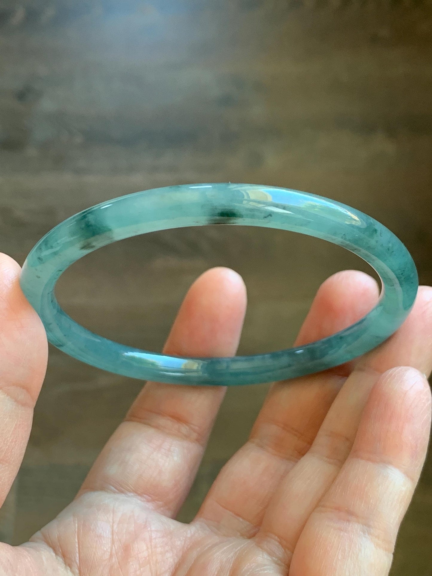 Certified Natural Grade A Guatemalan Icy Translucent Dusty Teal Green Jade Jadeite Slim Bangle 62.09mm 7.67” 24.35g 天然冰胶危蓝绿翡翠细圆条手镯 1220