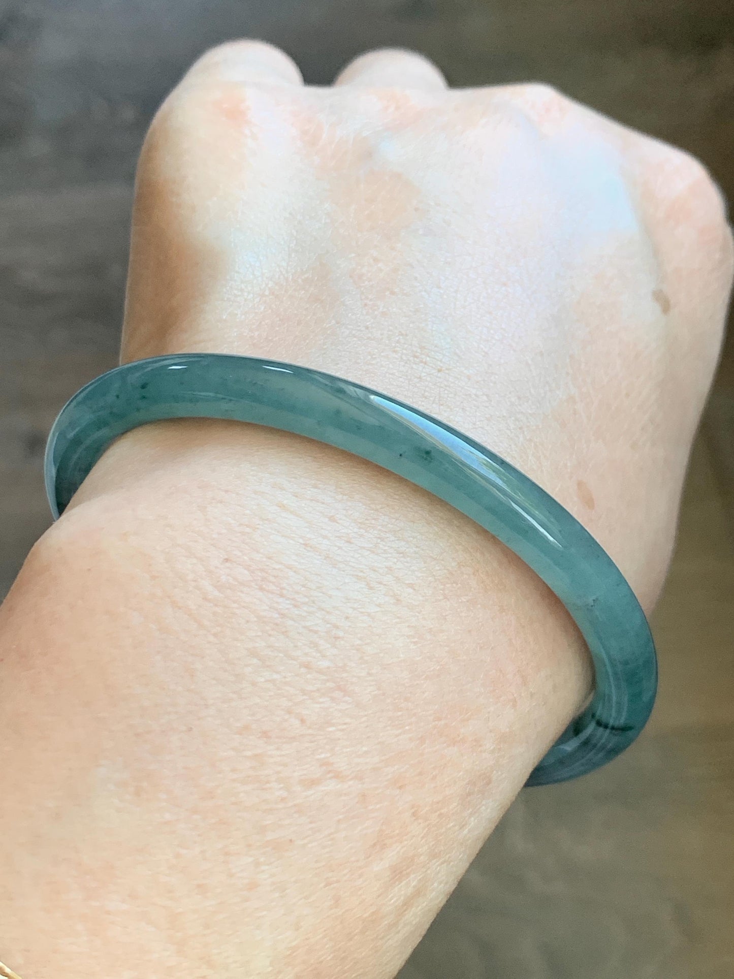 Certified Natural Grade A Guatemalan Icy Translucent Dusty Teal Green Jade Jadeite Slim Bangle 62.09mm 7.67” 24.35g 天然冰胶危蓝绿翡翠细圆条手镯 1220