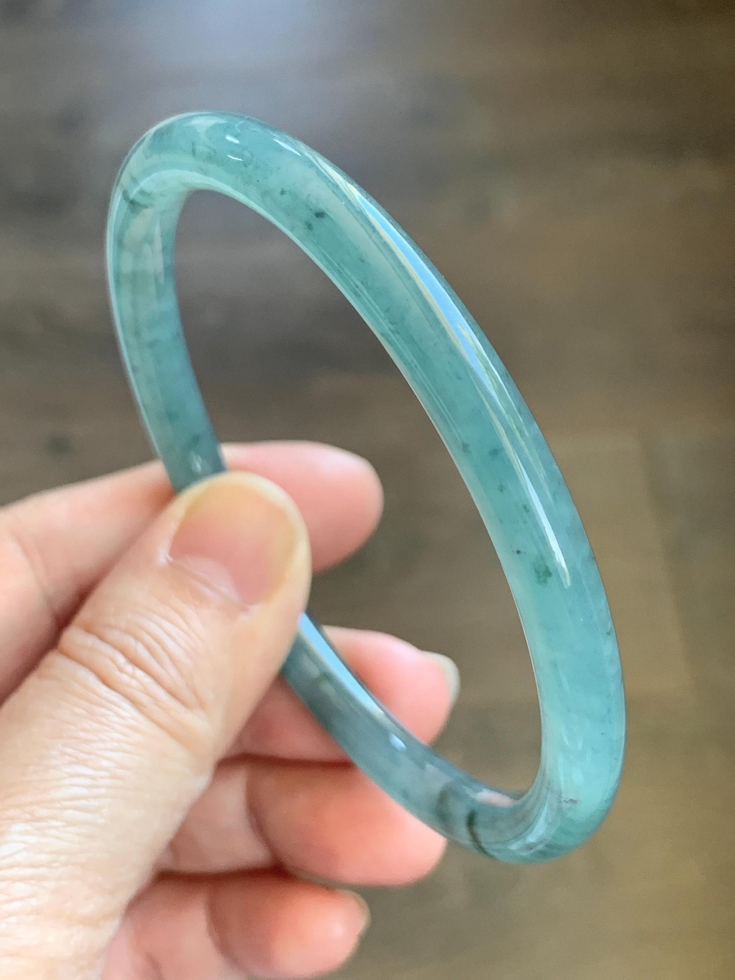 Certified Natural Grade A Guatemalan Icy Translucent Dusty Teal Green Jade Jadeite Slim Bangle 62.09mm 7.67” 24.35g 天然冰胶危蓝绿翡翠细圆条手镯 1220