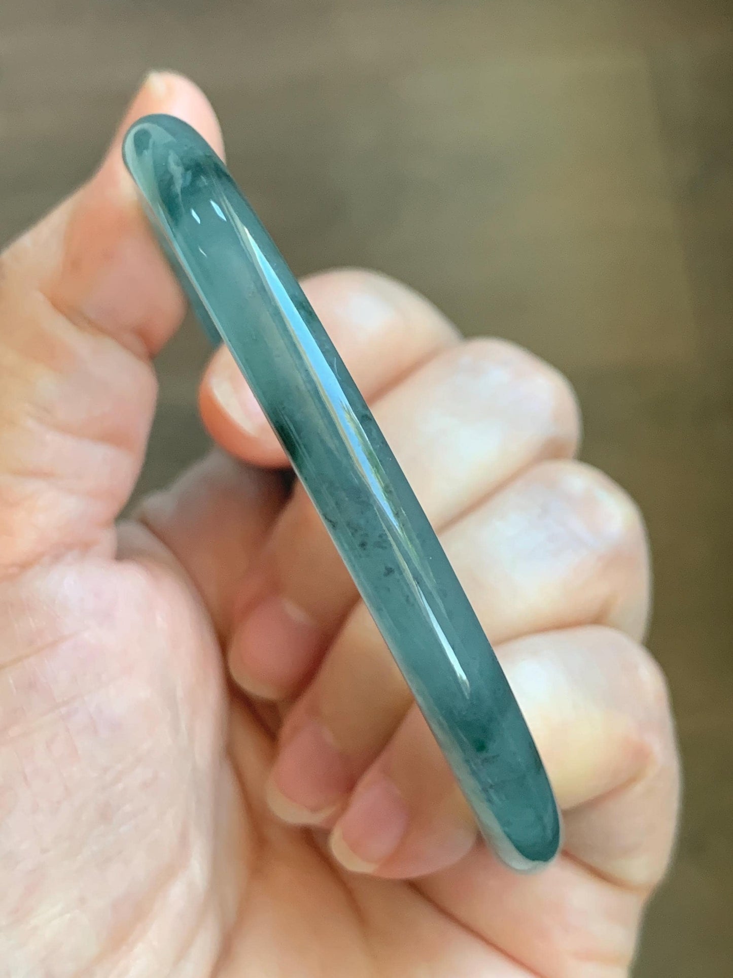 Certified Natural Grade A Guatemalan Icy Translucent Dusty Teal Green Jade Jadeite Slim Bangle 62.09mm 7.67” 24.35g 天然冰胶危蓝绿翡翠细圆条手镯 1220