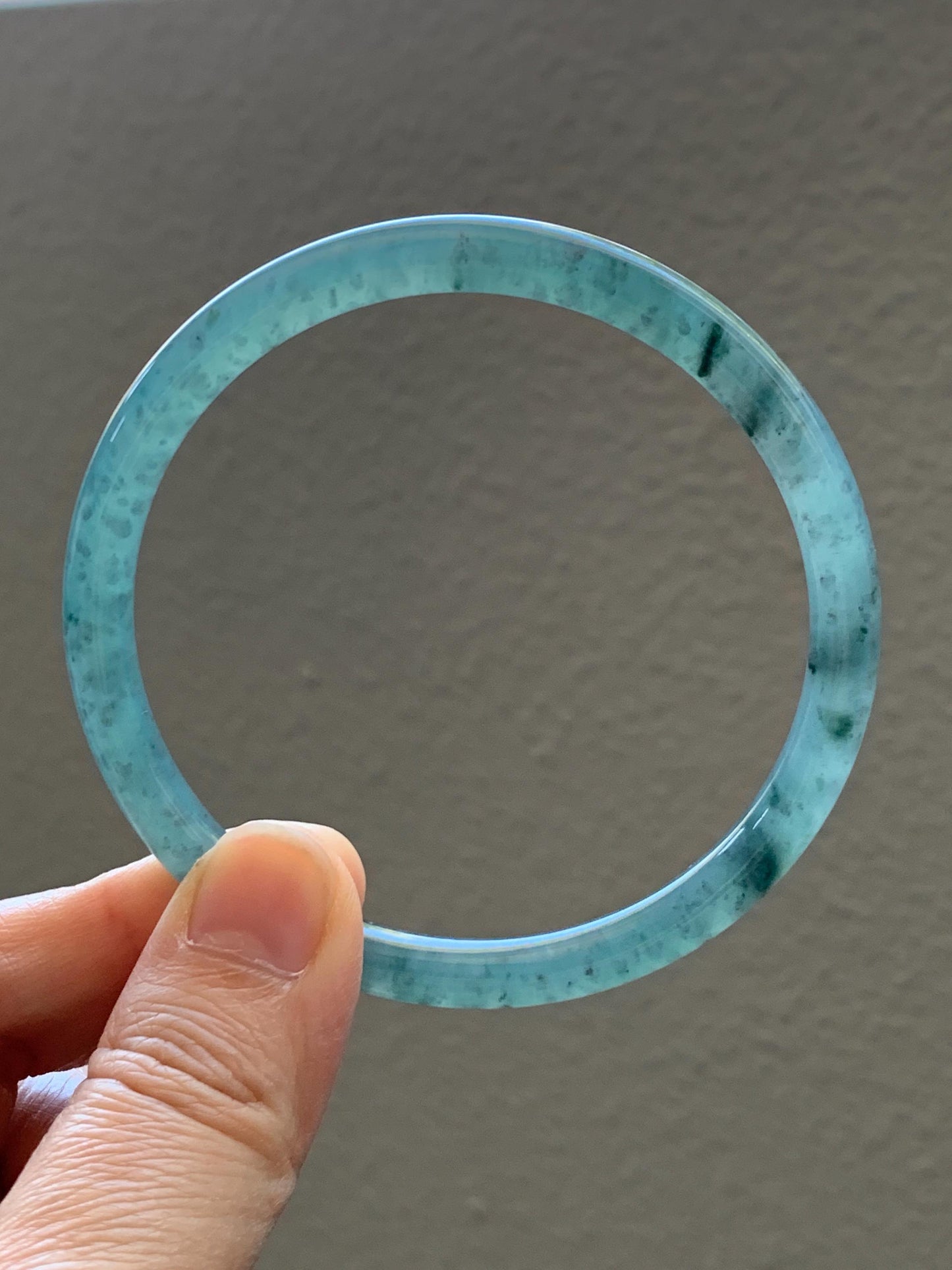 Certified Natural Grade A Guatemalan Icy Translucent Dusty Teal Green Jade Jadeite Slim Bangle 62.09mm 7.67” 24.35g 天然冰胶危蓝绿翡翠细圆条手镯 1220