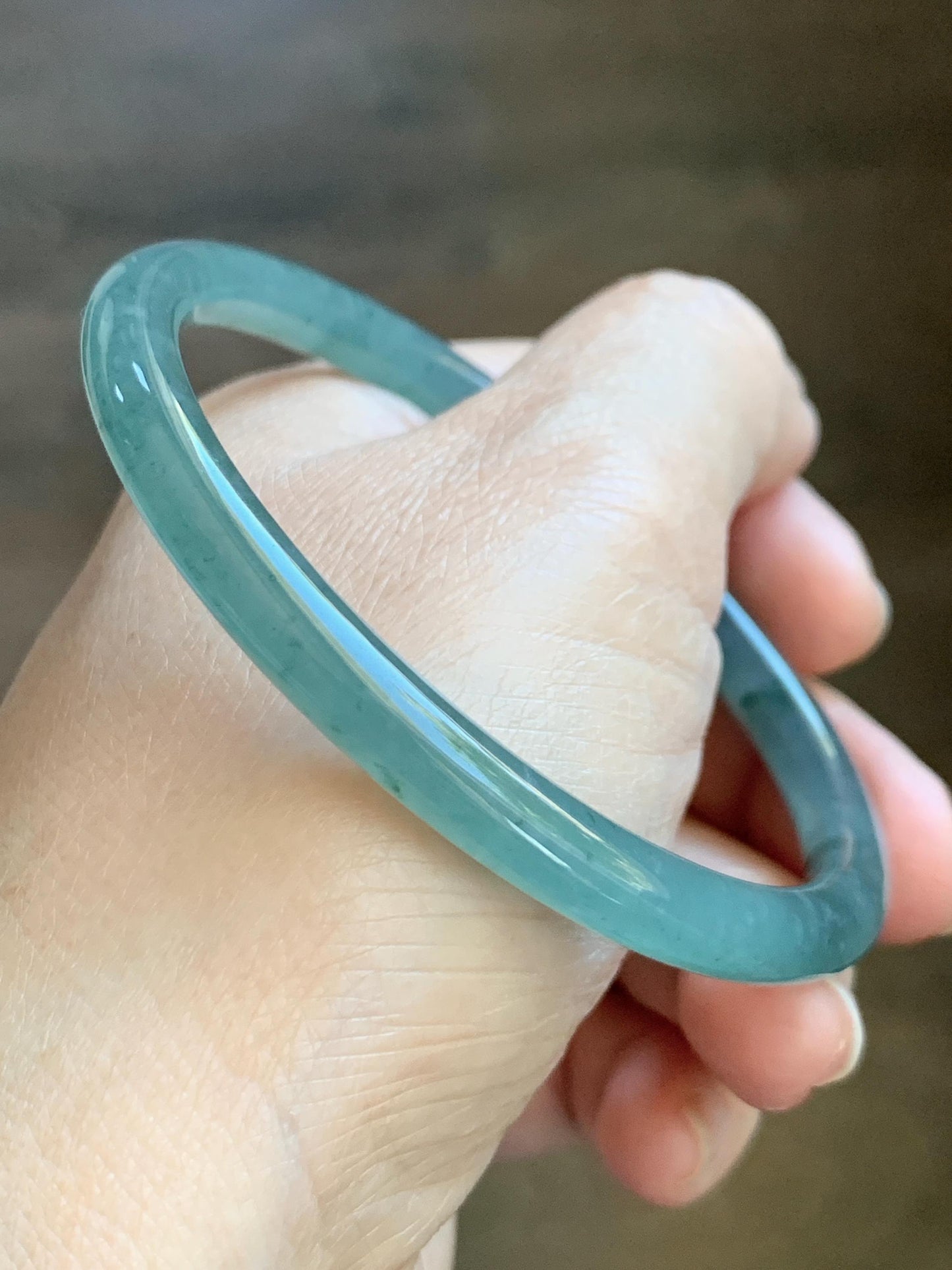Certified Natural Grade A Guatemalan Icy Translucent Dusty Teal Green Jade Jadeite Slim Bangle 62.09mm 7.67” 24.35g 天然冰胶危蓝绿翡翠细圆条手镯 1220