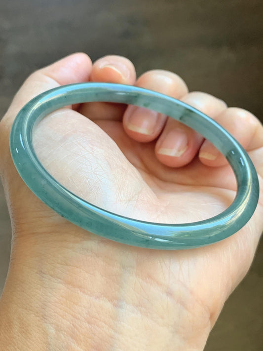 Certified Natural Grade A Guatemalan Icy Translucent Dusty Teal Green Jade Jadeite Slim Bangle 62.09mm 7.67” 24.35g 天然冰胶危蓝绿翡翠细圆条手镯 1220