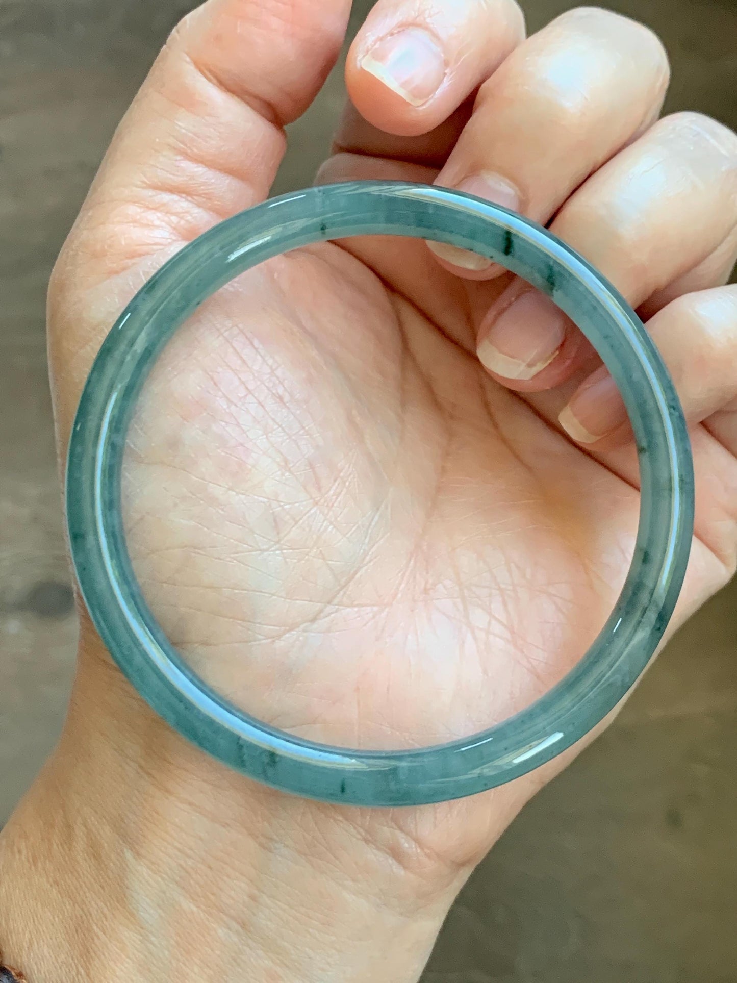 Certified Natural Grade A Guatemalan Icy Translucent Dusty Teal Green Jade Jadeite Slim Bangle 62.09mm 7.67” 24.35g 天然冰胶危蓝绿翡翠细圆条手镯 1220