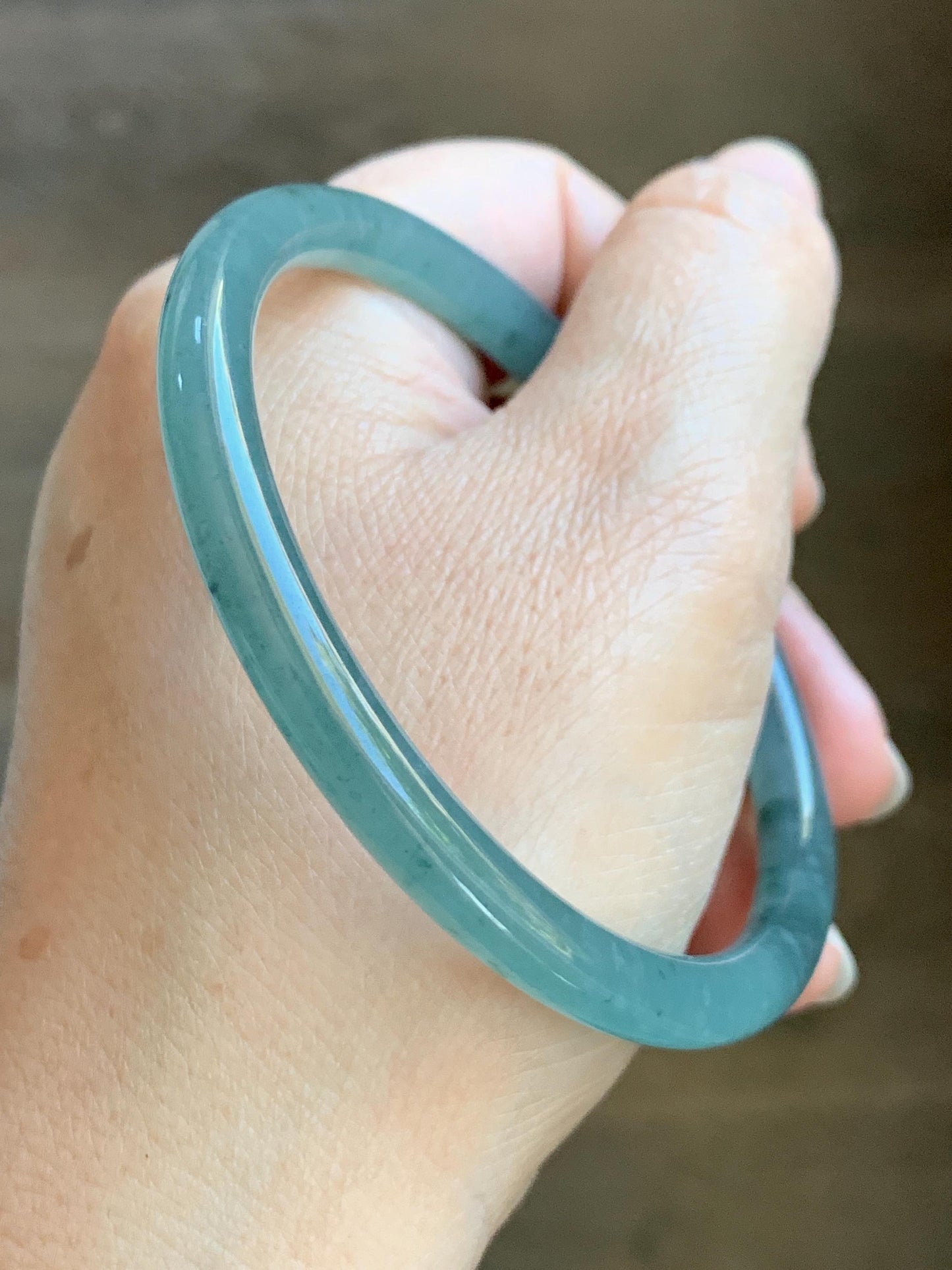Certified Natural Grade A Guatemalan Icy Translucent Dusty Teal Green Jade Jadeite Slim Bangle 62.09mm 7.67” 24.35g 天然冰胶危蓝绿翡翠细圆条手镯 1220