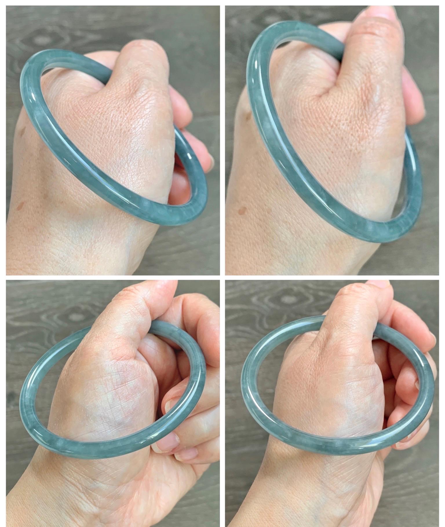 Certified Natural Grade A Guatemalan Icy Translucent Dusty Teal Blue Jade Jadeite Slim Bangle 65.6mm 8.1” 23.7g 天然冰胶危蓝绿翡翠细圆条手镯 1212