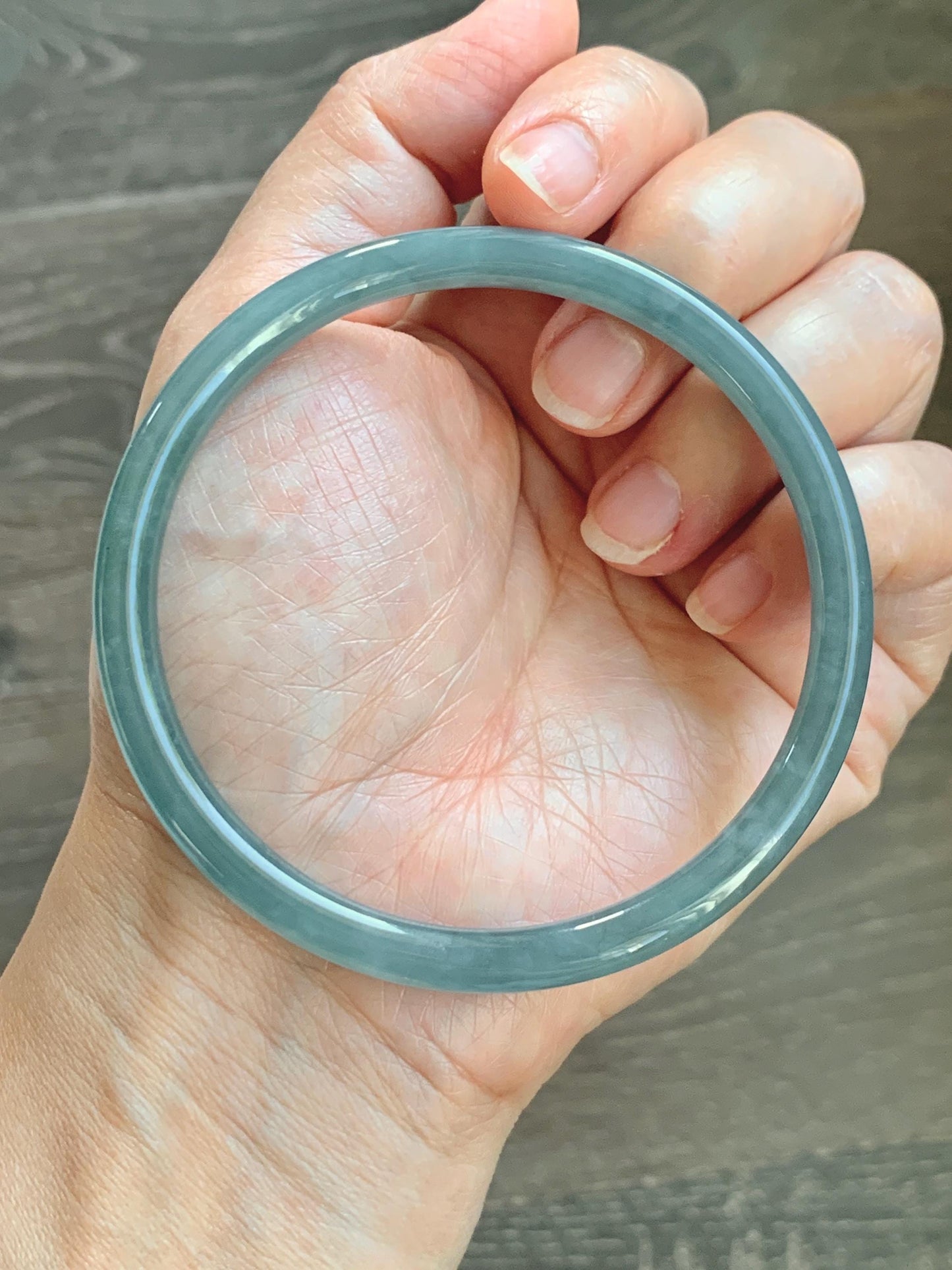 Certified Natural Grade A Guatemalan Icy Translucent Dusty Teal Blue Jade Jadeite Slim Bangle 65.6mm 8.1” 23.7g 天然冰胶危蓝绿翡翠细圆条手镯 1212