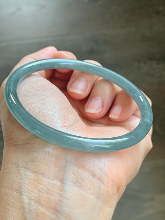 Certified Natural Grade A Guatemalan Icy Translucent Dusty Teal Blue Jade Jadeite Slim Bangle 65.6mm 8.1” 23.7g 天然冰胶危蓝绿翡翠细圆条手镯 1212