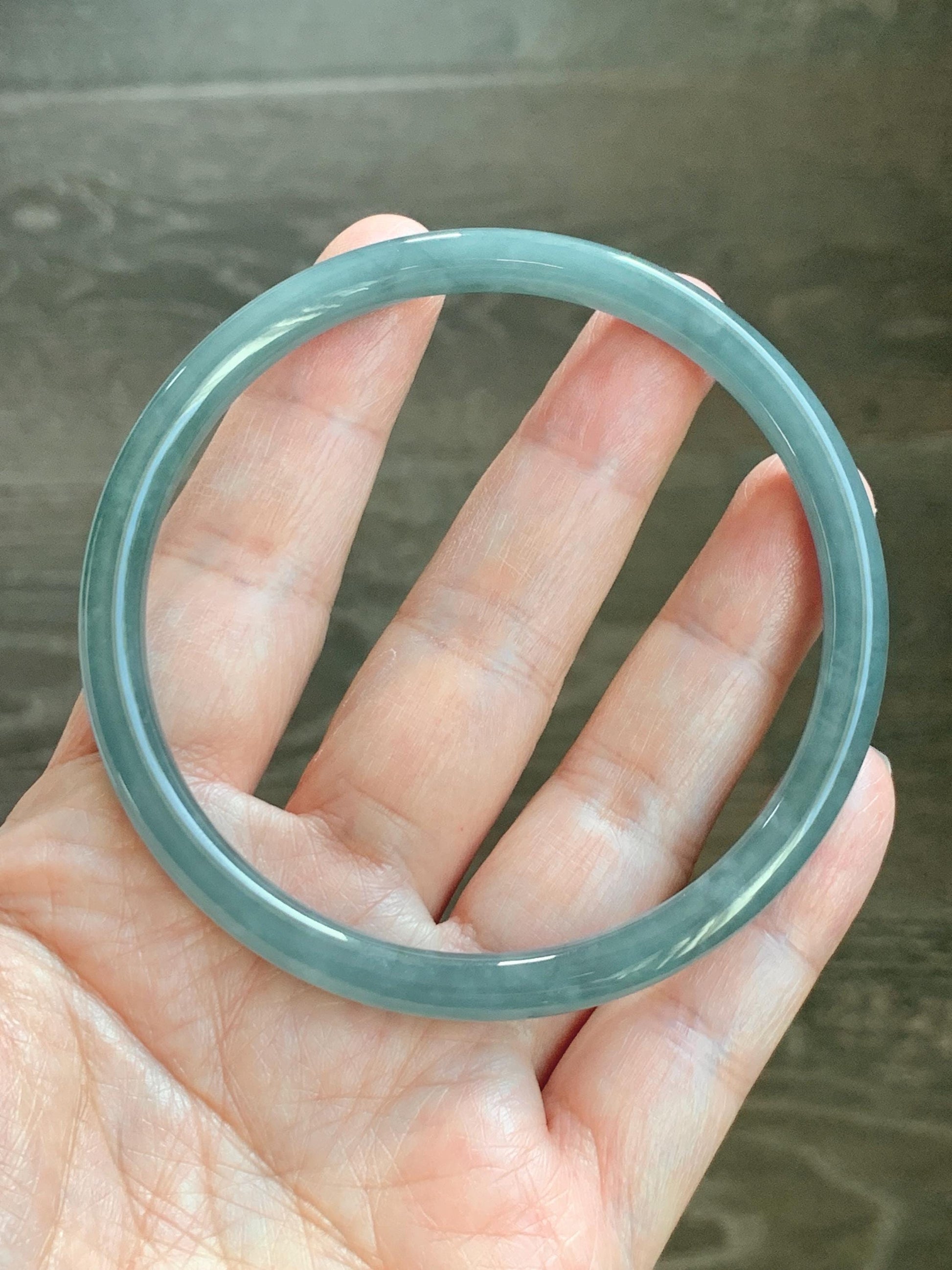 Certified Natural Grade A Guatemalan Icy Translucent Dusty Teal Blue Jade Jadeite Slim Bangle 65.6mm 8.1” 23.7g 天然冰胶危蓝绿翡翠细圆条手镯 1212