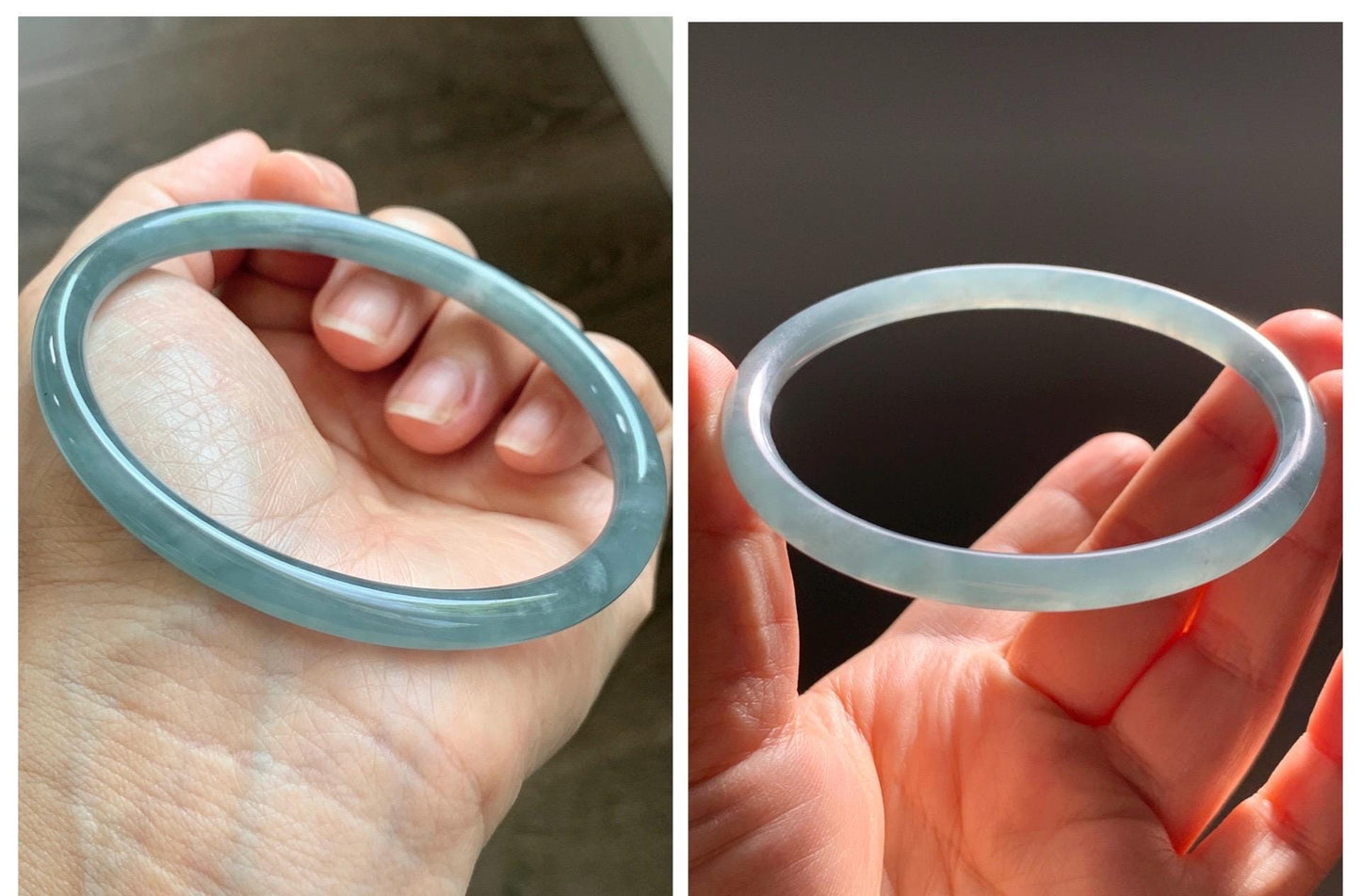 Certified Natural Grade A Guatemalan Icy Translucent Dusty Teal Blue Jade Jadeite Slim Bangle 65.69mm 8.12” 23.5g 天然冰胶危蓝绿翡翠细圆条手镯 1211