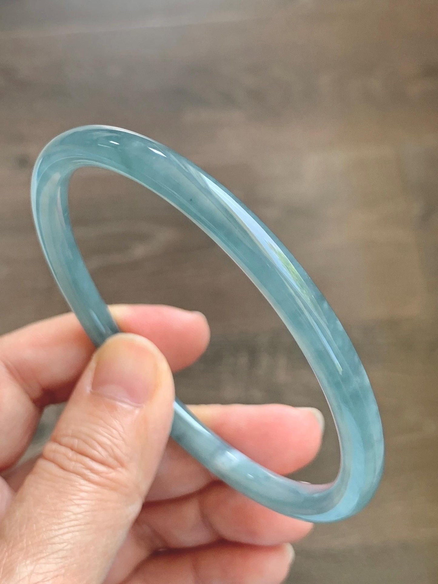 Certified Natural Grade A Guatemalan Icy Translucent Dusty Teal Blue Jade Jadeite Slim Bangle 65.69mm 8.12” 23.5g 天然冰胶危蓝绿翡翠细圆条手镯 1211