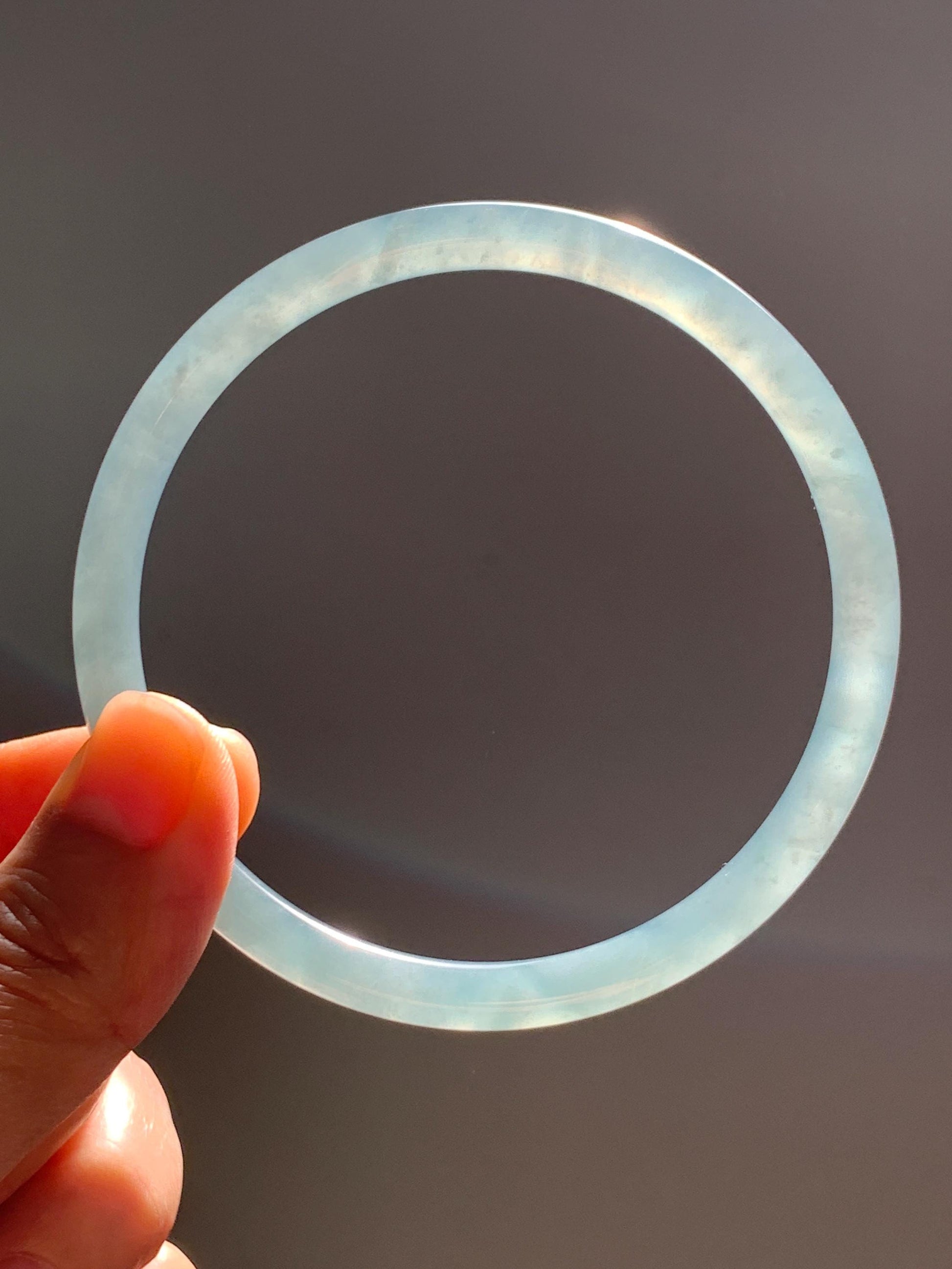 Certified Natural Grade A Guatemalan Icy Translucent Dusty Teal Blue Jade Jadeite Slim Bangle 65.69mm 8.12” 23.5g 天然冰胶危蓝绿翡翠细圆条手镯 1211