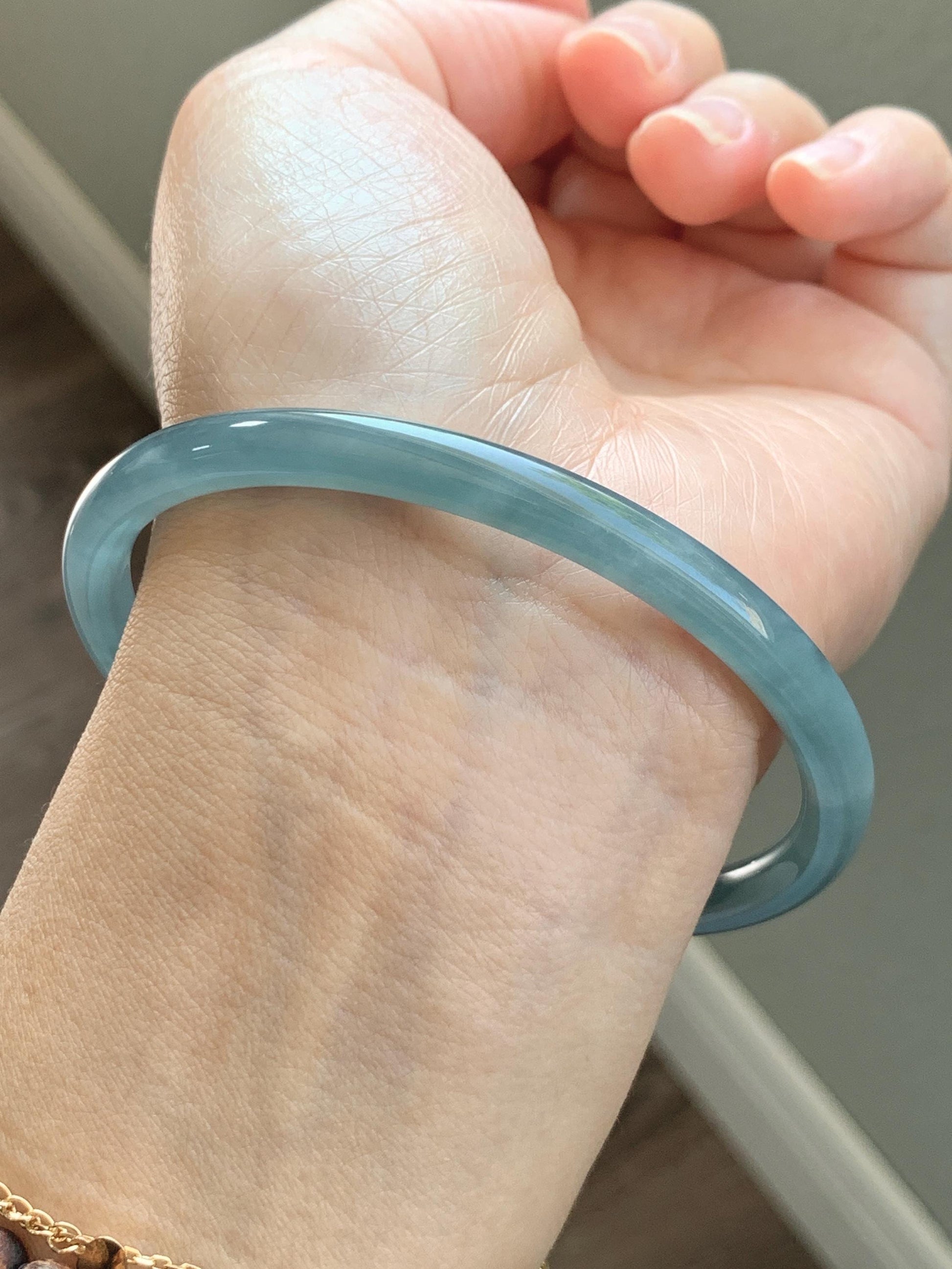 Certified Natural Grade A Guatemalan Icy Translucent Dusty Teal Blue Jade Jadeite Slim Bangle 65.69mm 8.12” 23.5g 天然冰胶危蓝绿翡翠细圆条手镯 1211