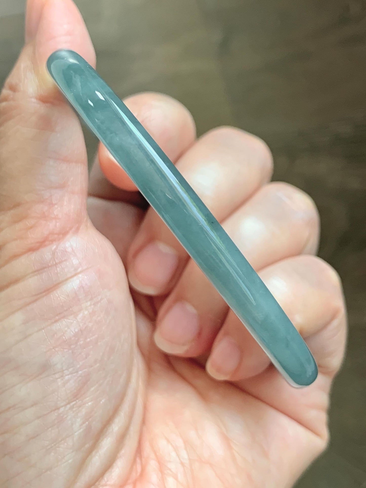 Certified Natural Grade A Guatemalan Icy Translucent Dusty Teal Blue Jade Jadeite Slim Bangle 65.69mm 8.12” 23.5g 天然冰胶危蓝绿翡翠细圆条手镯 1211