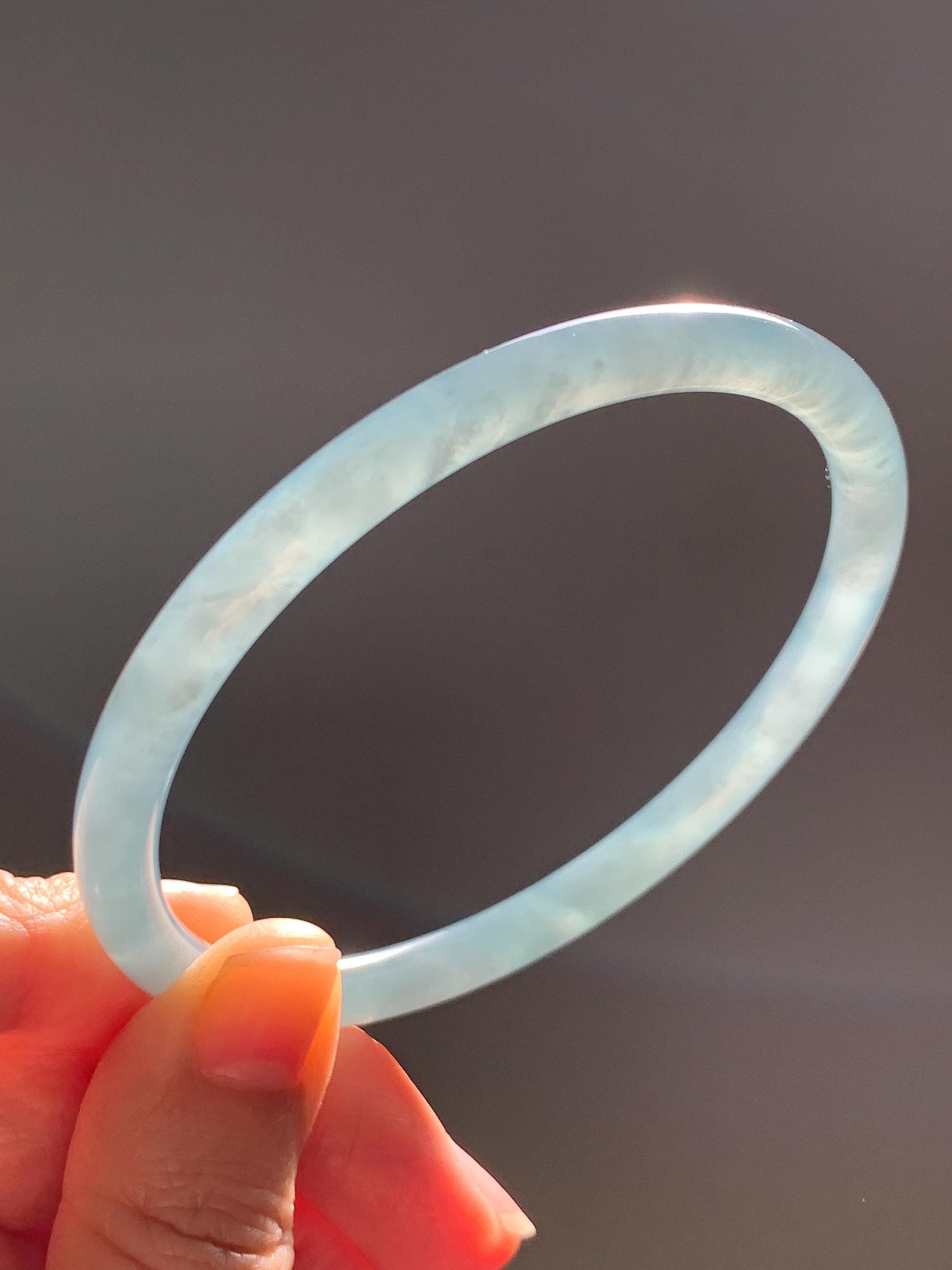 Certified Natural Grade A Guatemalan Icy Translucent Dusty Teal Blue Jade Jadeite Slim Bangle 65.69mm 8.12” 23.5g 天然冰胶危蓝绿翡翠细圆条手镯 1211