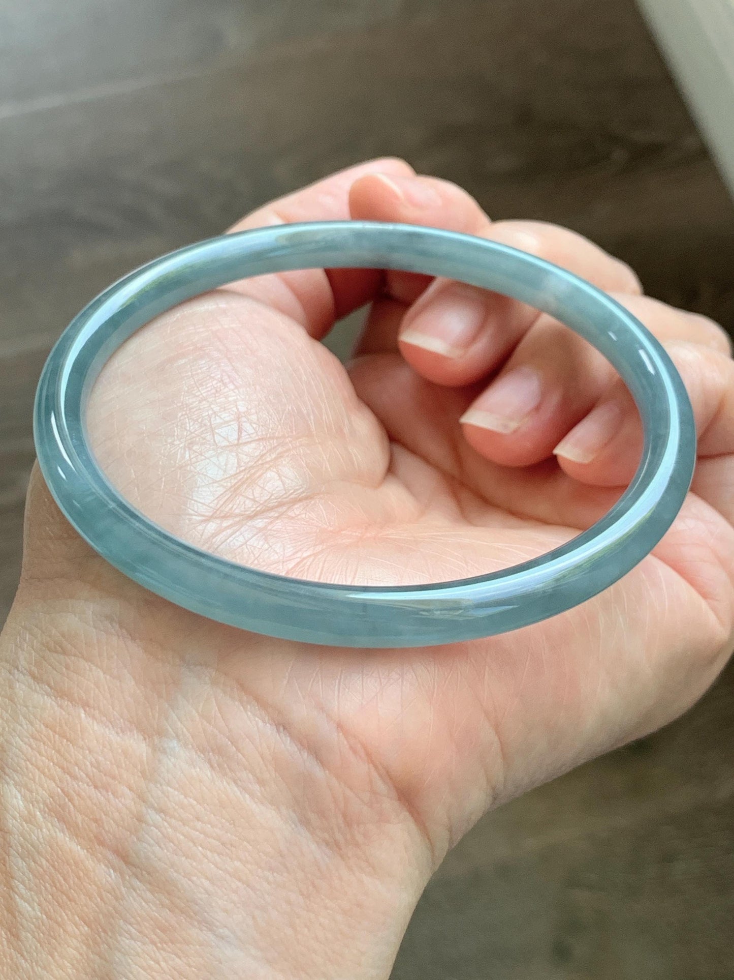 Certified Natural Grade A Guatemalan Icy Translucent Dusty Teal Blue Jade Jadeite Slim Bangle 65.69mm 8.12” 23.5g 天然冰胶危蓝绿翡翠细圆条手镯 1211