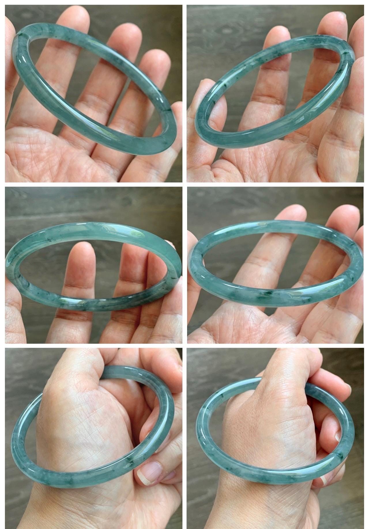 Certified Natural Grade A Guatemalan Icy Translucent Dusty Teal Green Jade Jadeite Slim Bangle 62.65mm 7.74” 22.85g 天然冰胶危蓝绿翡翠细圆条手镯 1219