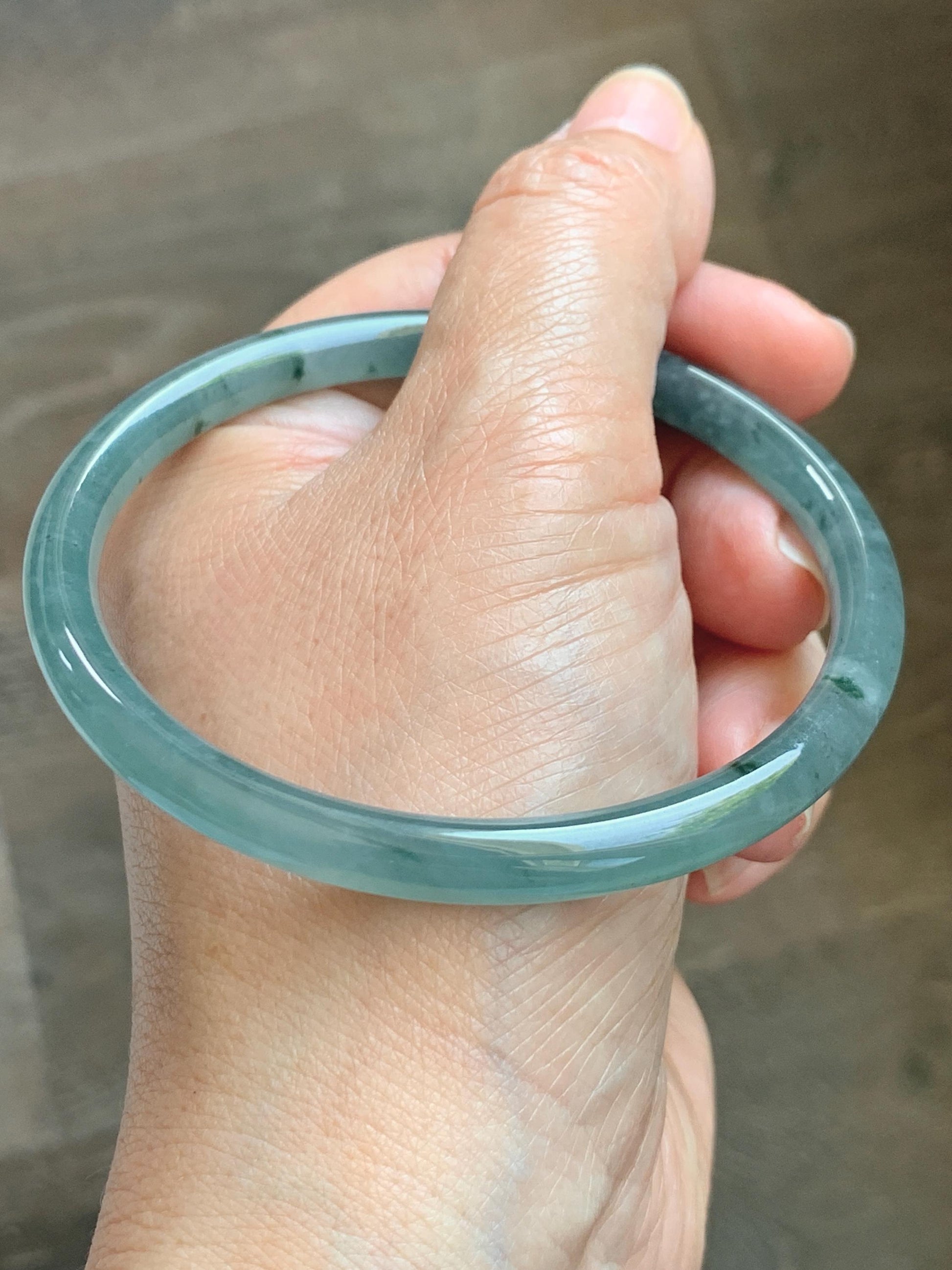 Certified Natural Grade A Guatemalan Icy Translucent Dusty Teal Green Jade Jadeite Slim Bangle 62.65mm 7.74” 22.85g 天然冰胶危蓝绿翡翠细圆条手镯 1219