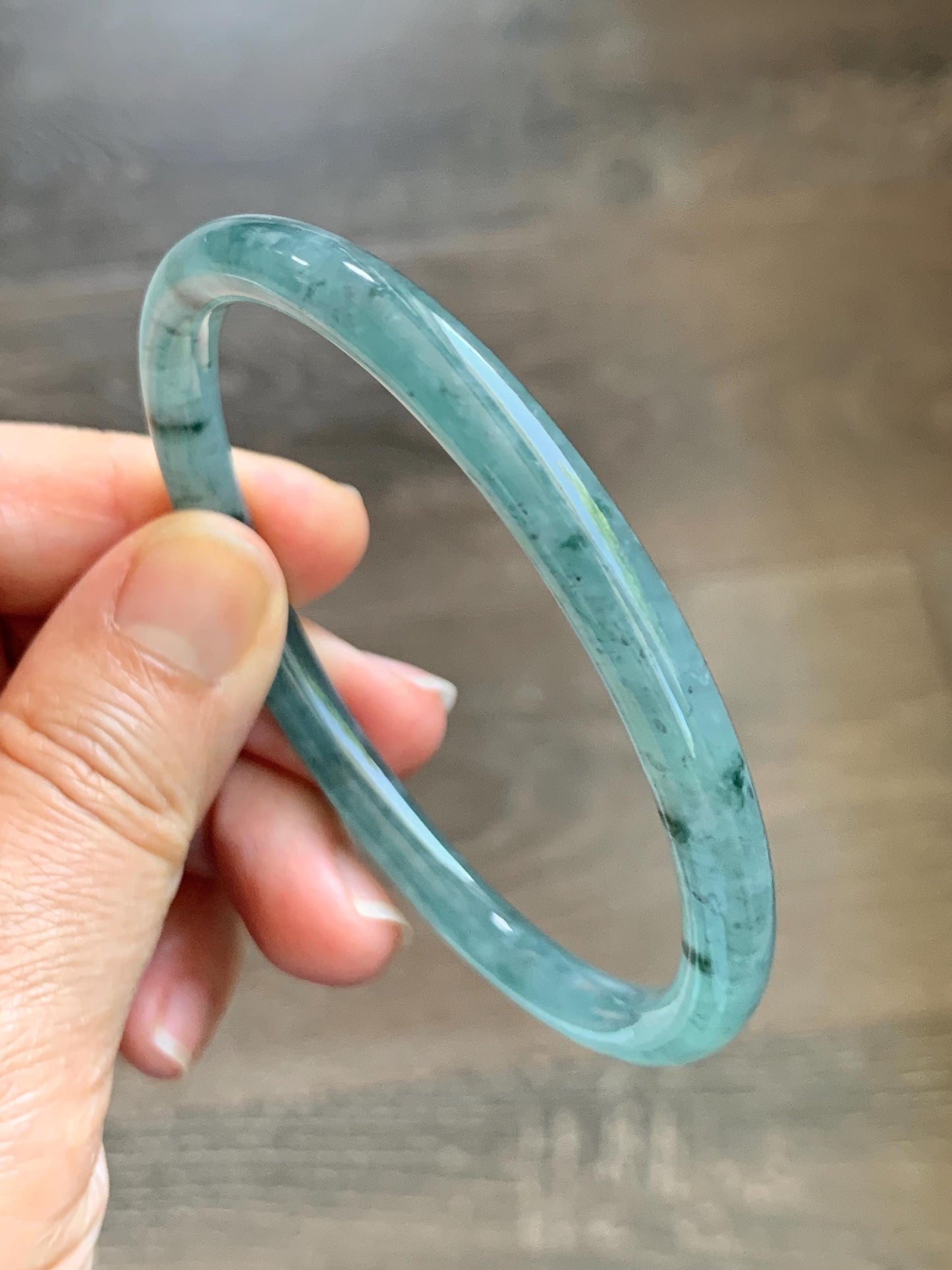 Certified Natural Grade A Guatemalan Icy Translucent Dusty Teal Green Jade Jadeite Slim Bangle 62.65mm 7.74” 22.85g 天然冰胶危蓝绿翡翠细圆条手镯 1219