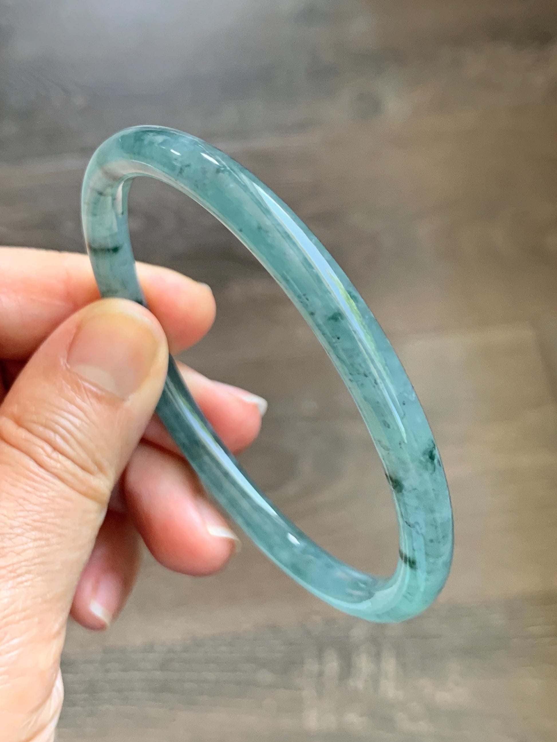 Certified Natural Grade A Guatemalan Icy Translucent Dusty Teal Green Jade Jadeite Slim Bangle 62.65mm 7.74” 22.85g 天然冰胶危蓝绿翡翠细圆条手镯 1219