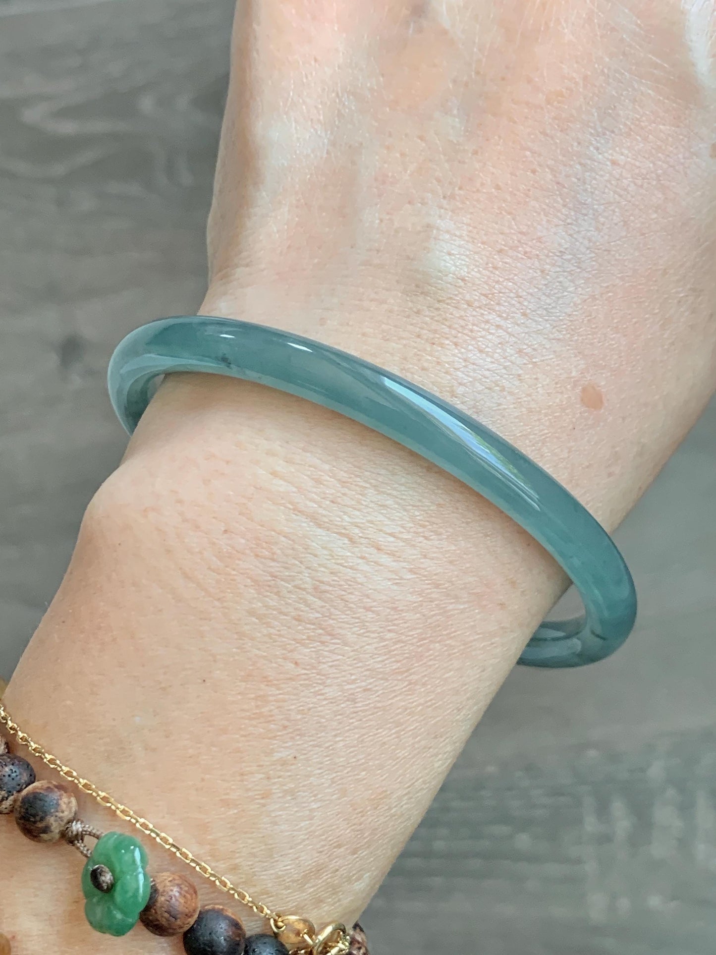 Certified Natural Grade A Guatemalan Icy Translucent Dusty Teal Green Jade Jadeite Slim Bangle 62.65mm 7.74” 22.85g 天然冰胶危蓝绿翡翠细圆条手镯 1219